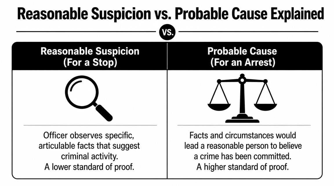 A comparison chart explaining the legal differences between reasonable suspicion for a stop and probable cause for arrest.