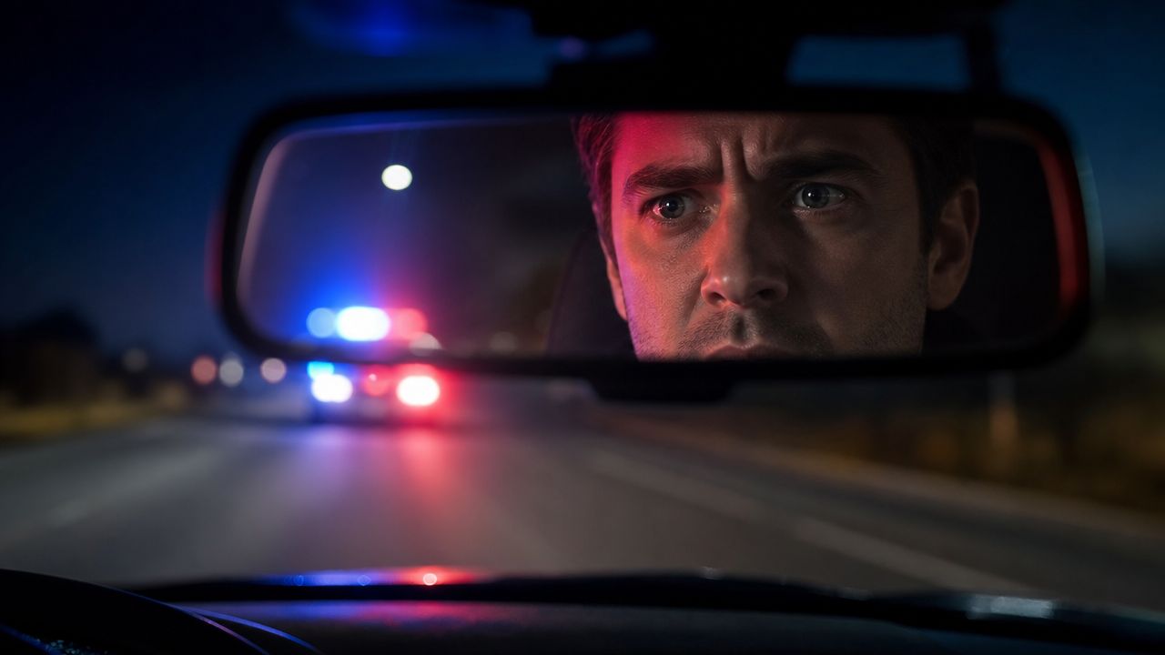 A worried driver looks into the rearview mirror as police car lights flash on a dark road.