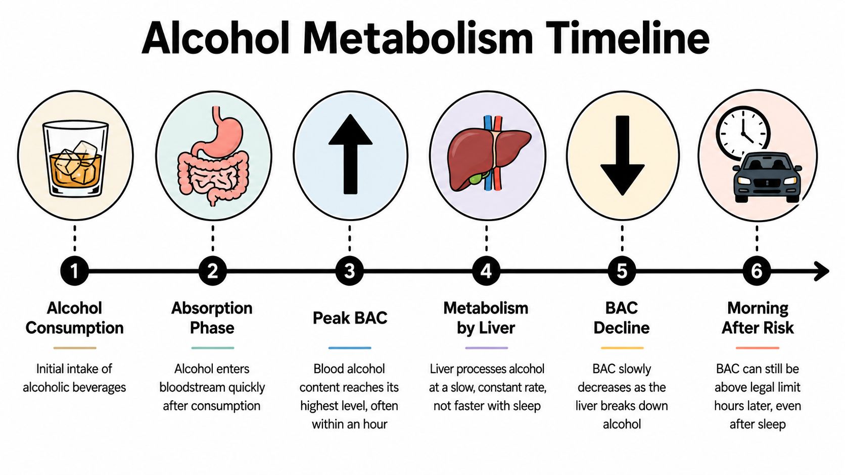 A six-step infographic illustrating the alcohol metabolism timeline from consumption to morning-after blood alcohol concentration risks.