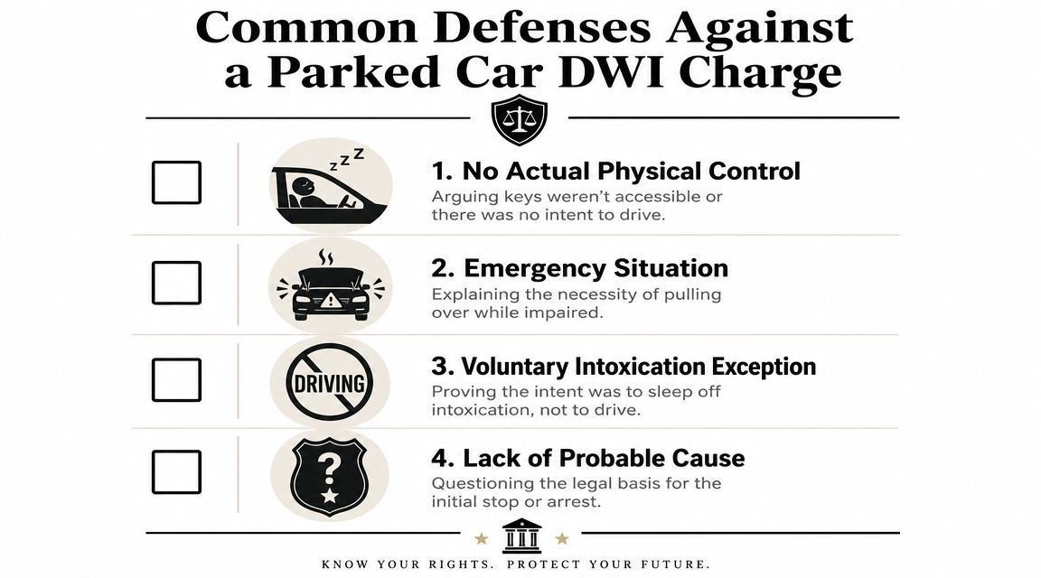 An infographic titled Common Defenses Against a Parked Car DWI Charge, listing four legal strategies for drivers.
