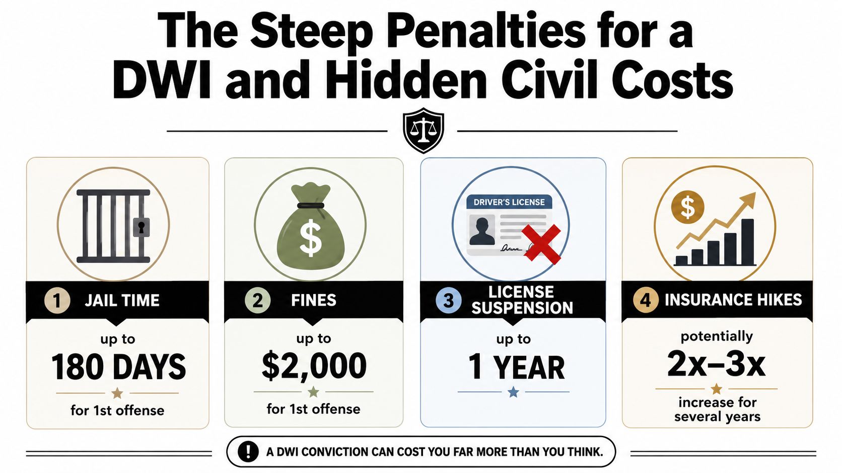An infographic detailing the four main consequences of a DWI conviction including jail, fines, suspension, and insurance.