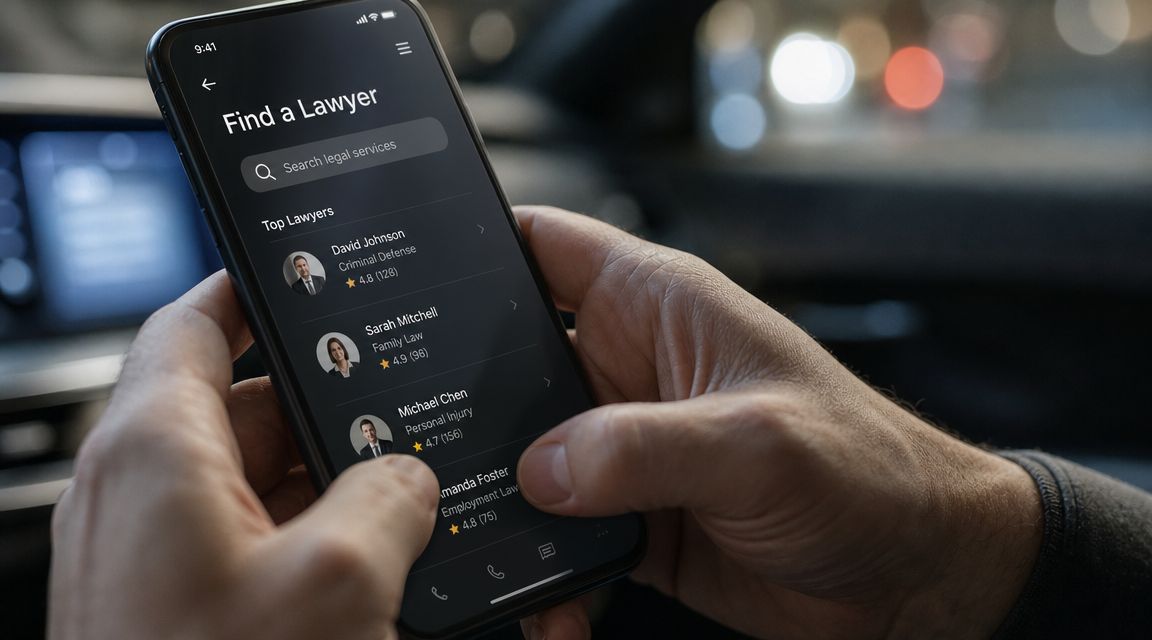 A person using a legal services mobile app to find a lawyer while sitting in a car.