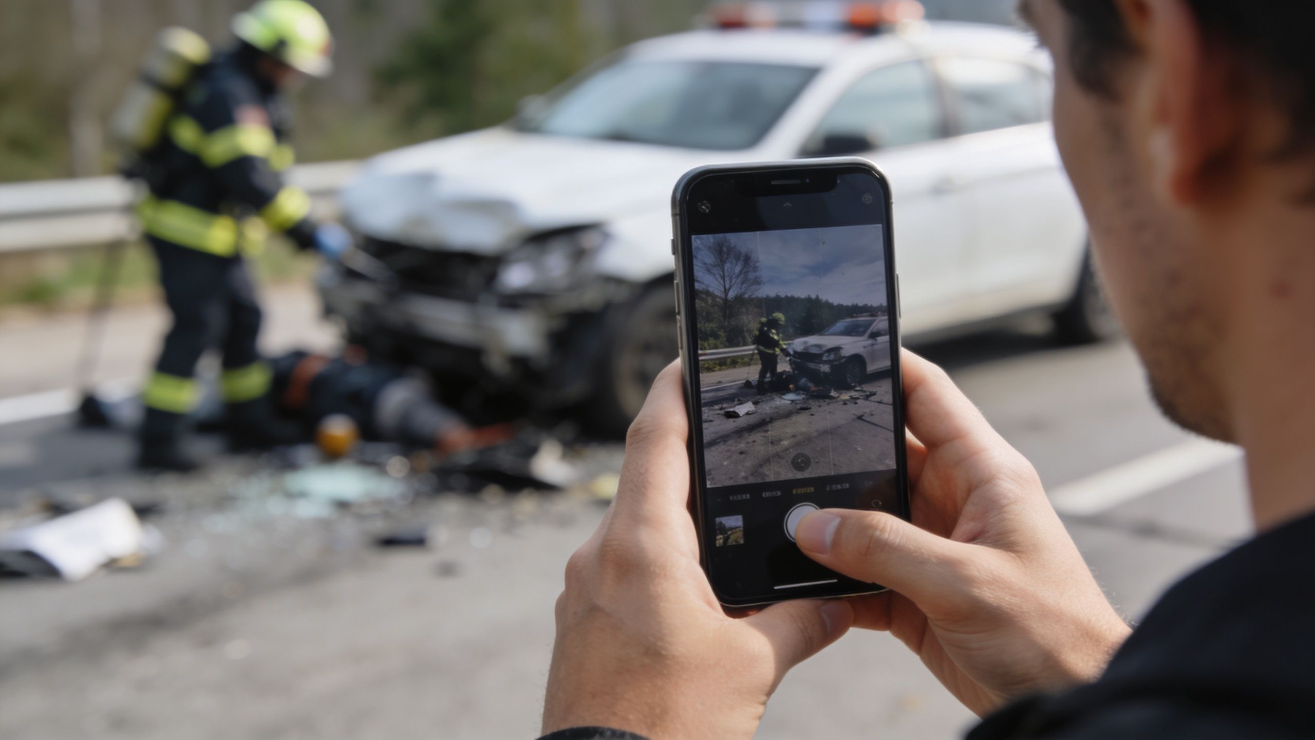 A bystander taking a photo of a car accident scene with a first responder assisting a victim