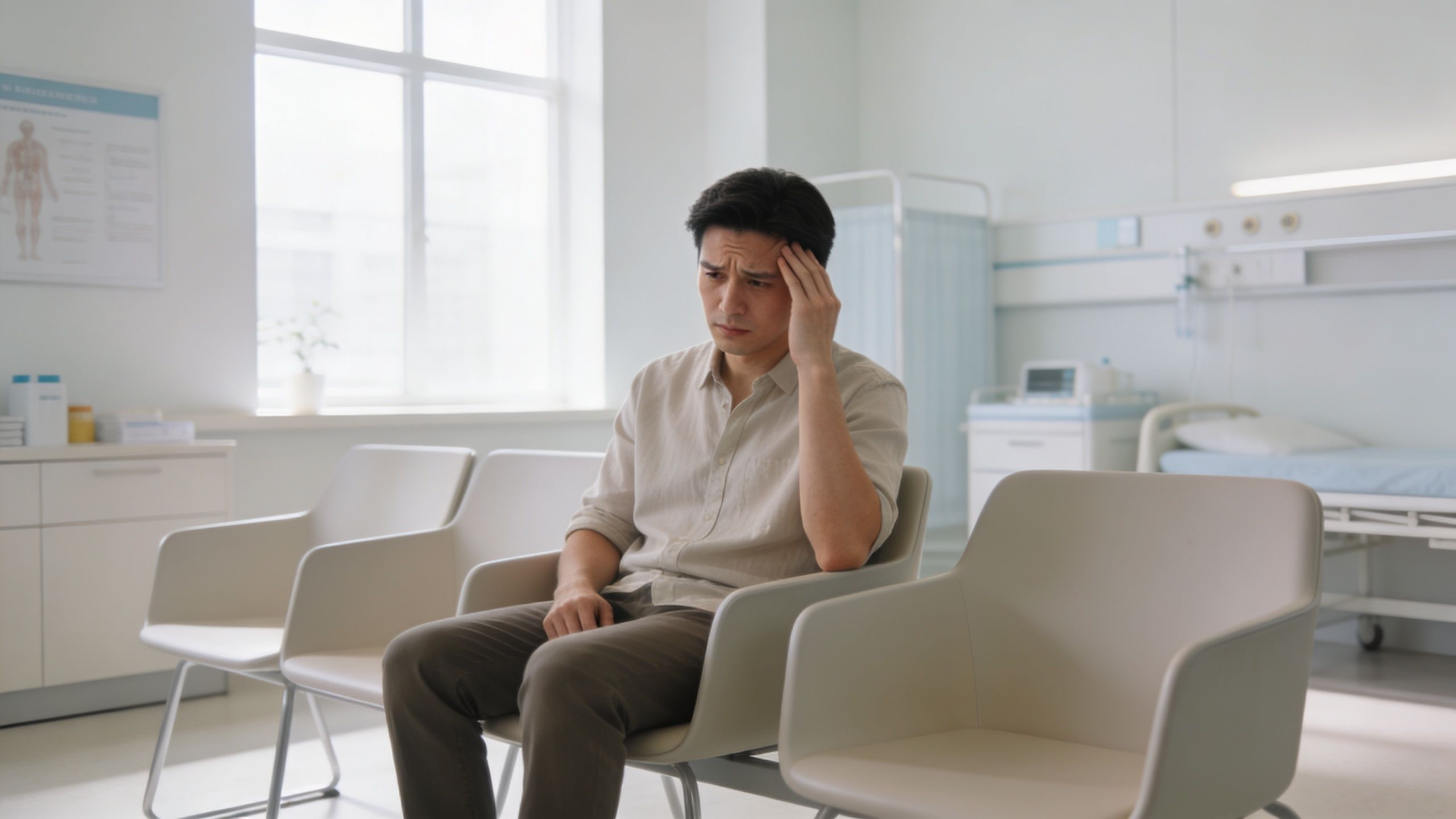 A concerned man sits in a hospital waiting area holding his head, suggesting symptoms of a brain injury.