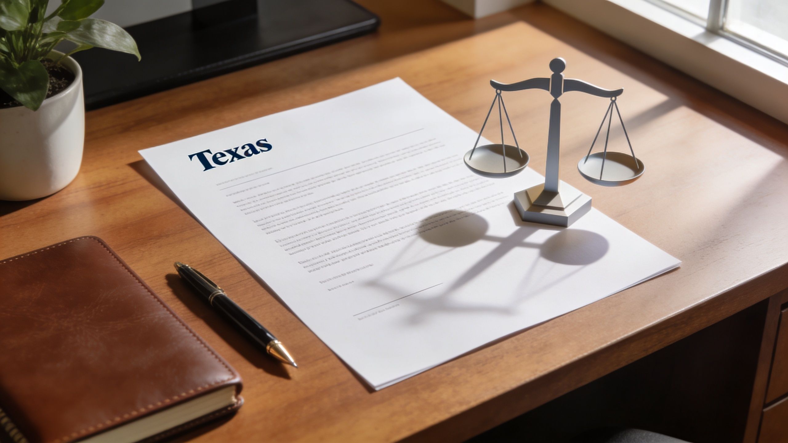 A document titled Texas sitting on a wooden desk with a metal scale of justice and a pen.