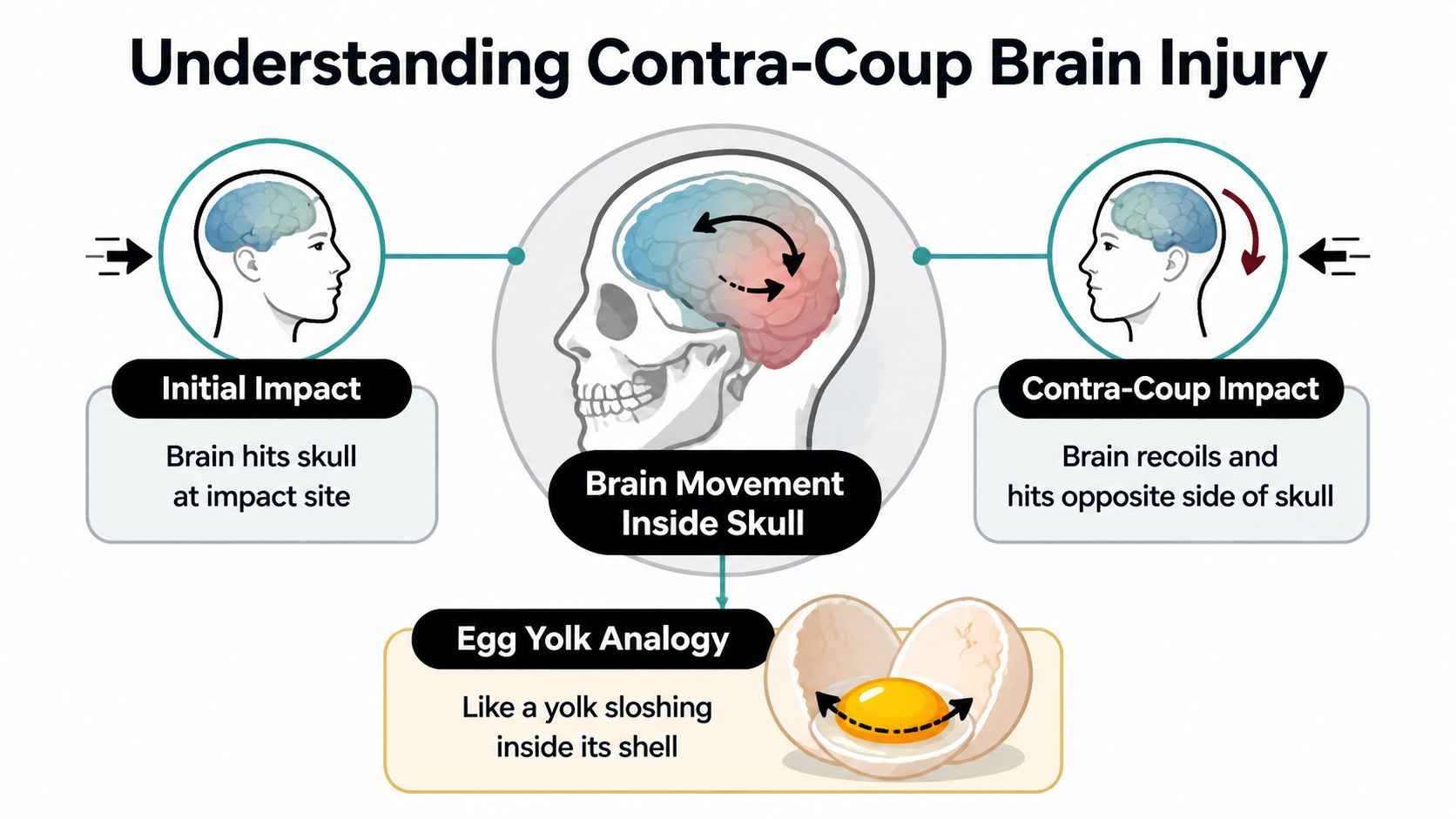 A diagram explaining contra-coup brain injury showing the brain hitting the skull during initial impact and recoil.