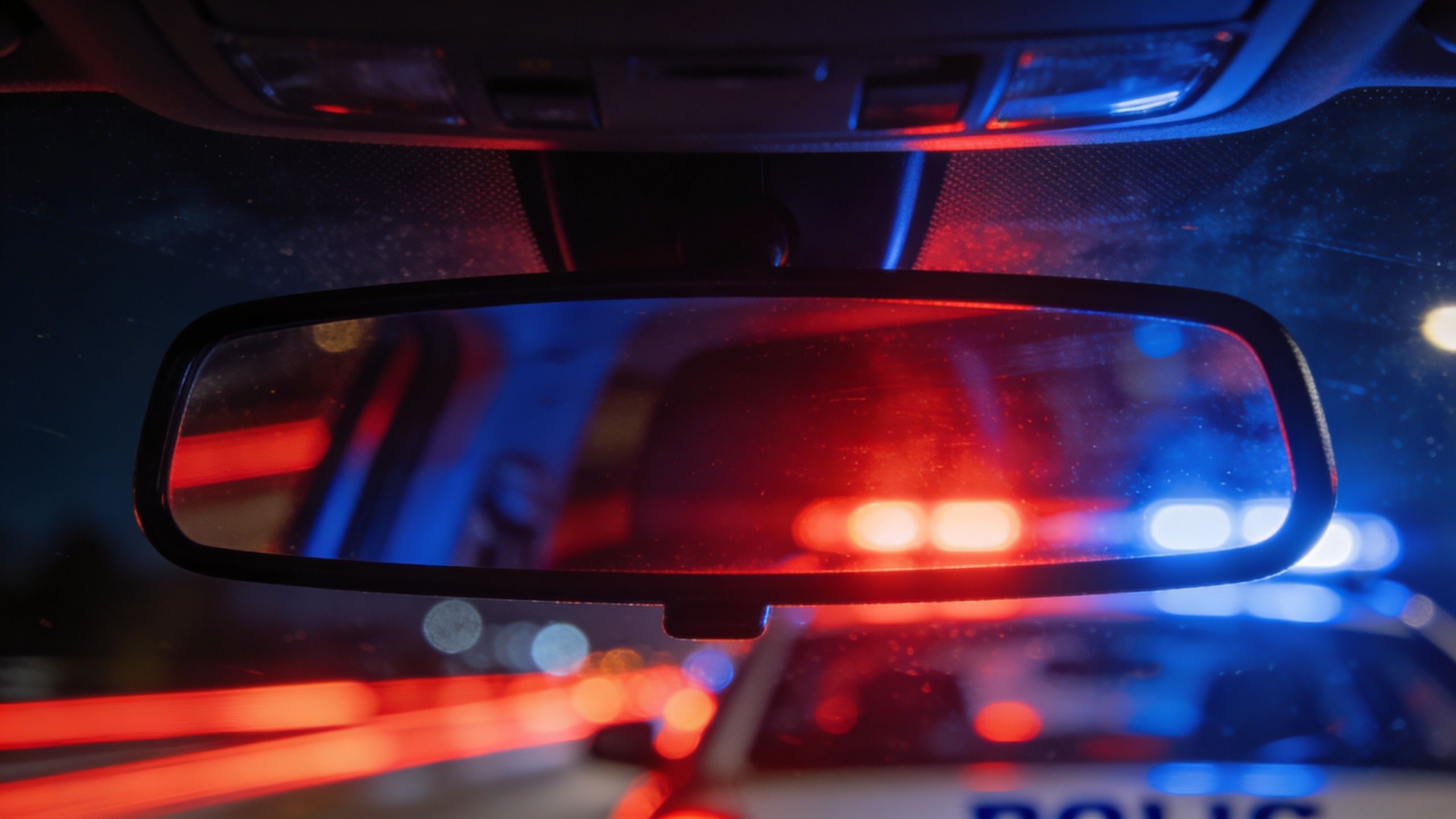 A view through a car rearview mirror showing police emergency lights flashing during a traffic stop at night.