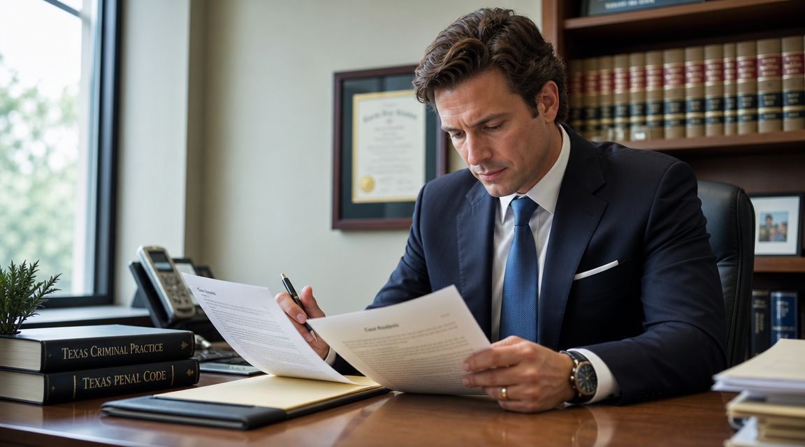 A professional attorney sitting at a wooden desk reviewing legal documents in his office.