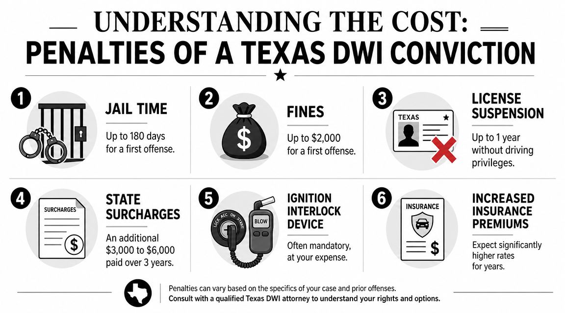 An infographic detailing the six major penalties of a Texas DWI conviction, including jail, fines, and surcharges.