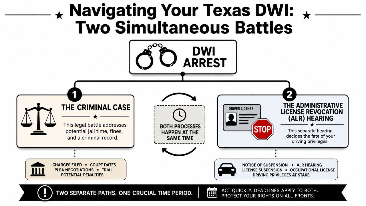 A flowchart explaining the two simultaneous legal processes following a DWI arrest in Texas.