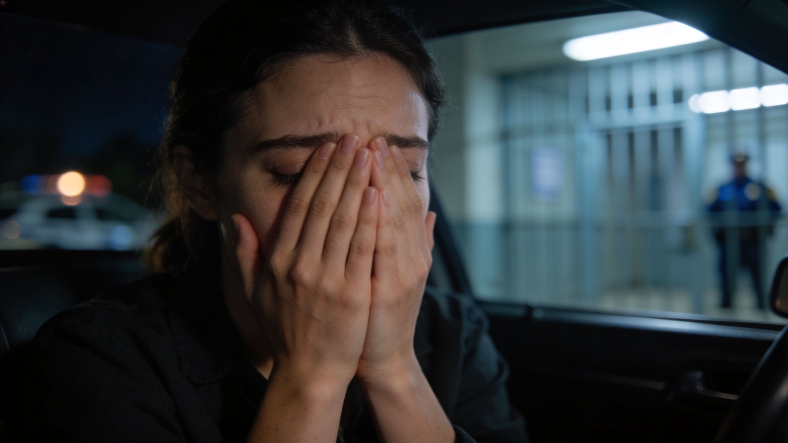 A distressed young woman sits in a car while a police officer stands behind bars in background.