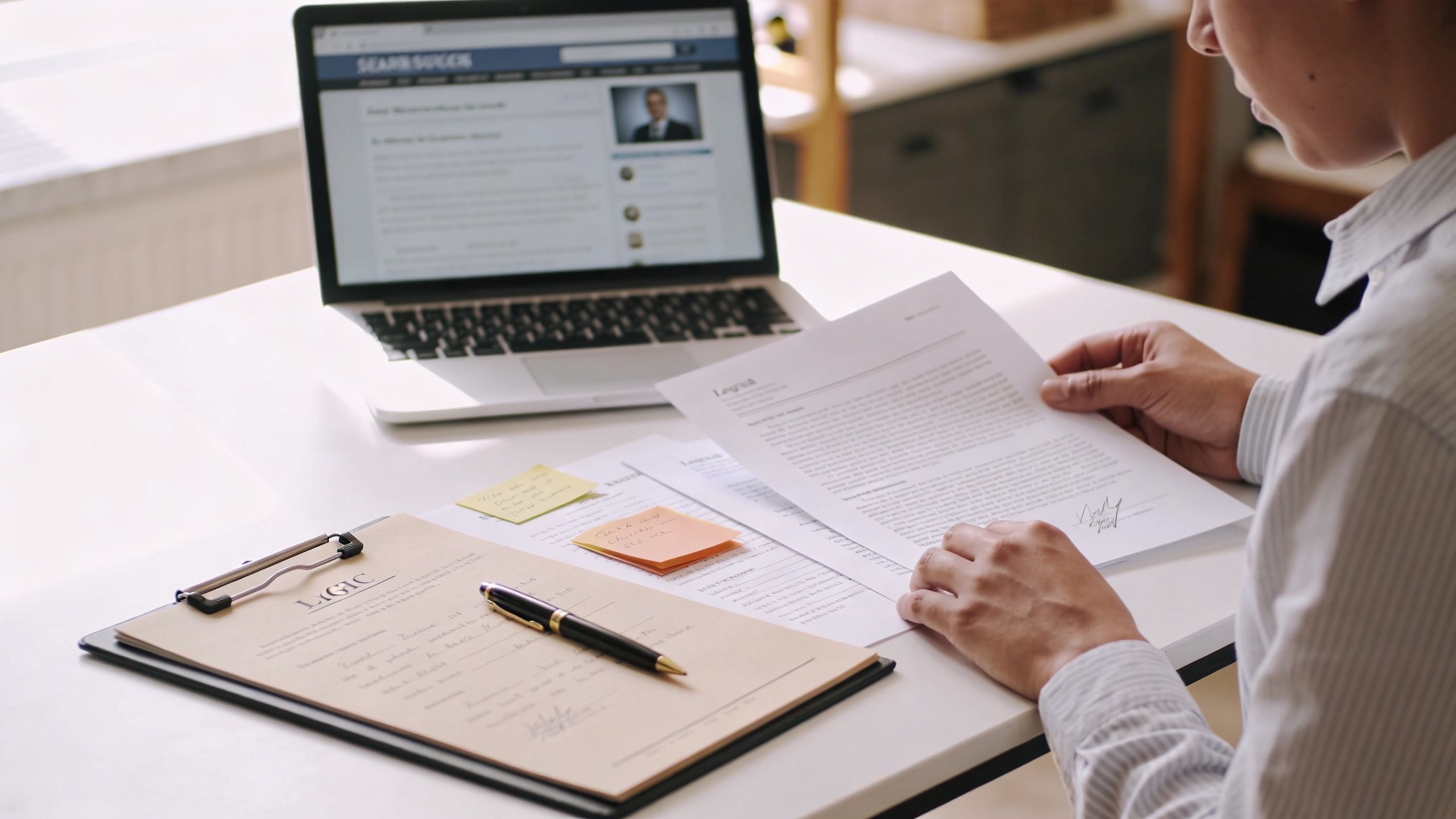 A professional reviewing legal documents at a desk with a laptop and a clipboard for DWI defense.