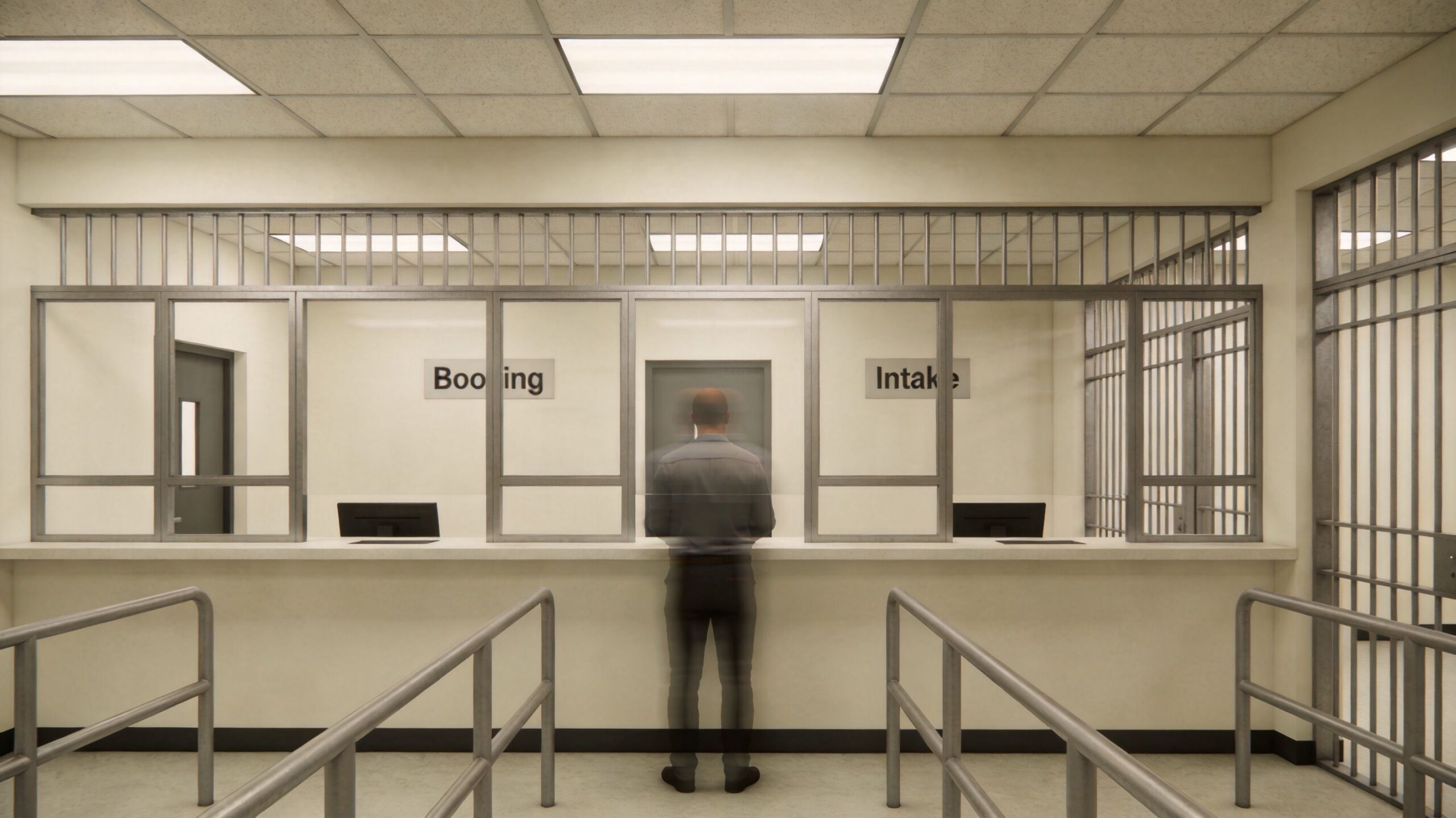 A person standing at a booking and intake counter in a prison or jail facility.