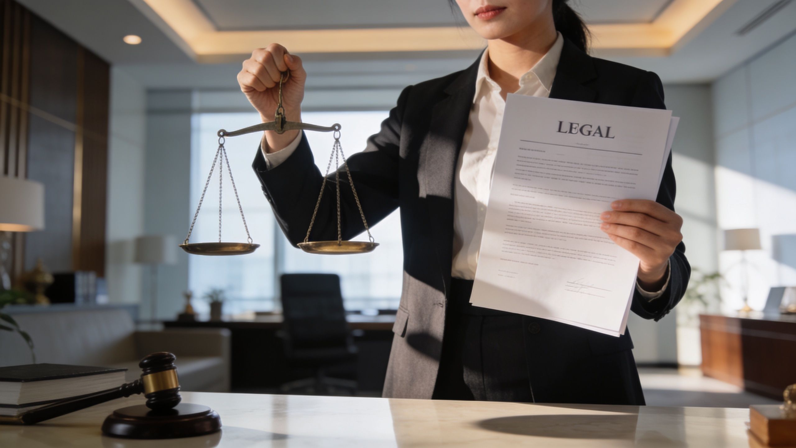 A professional lawyer holding a pair of scales and a legal document in a modern law office.