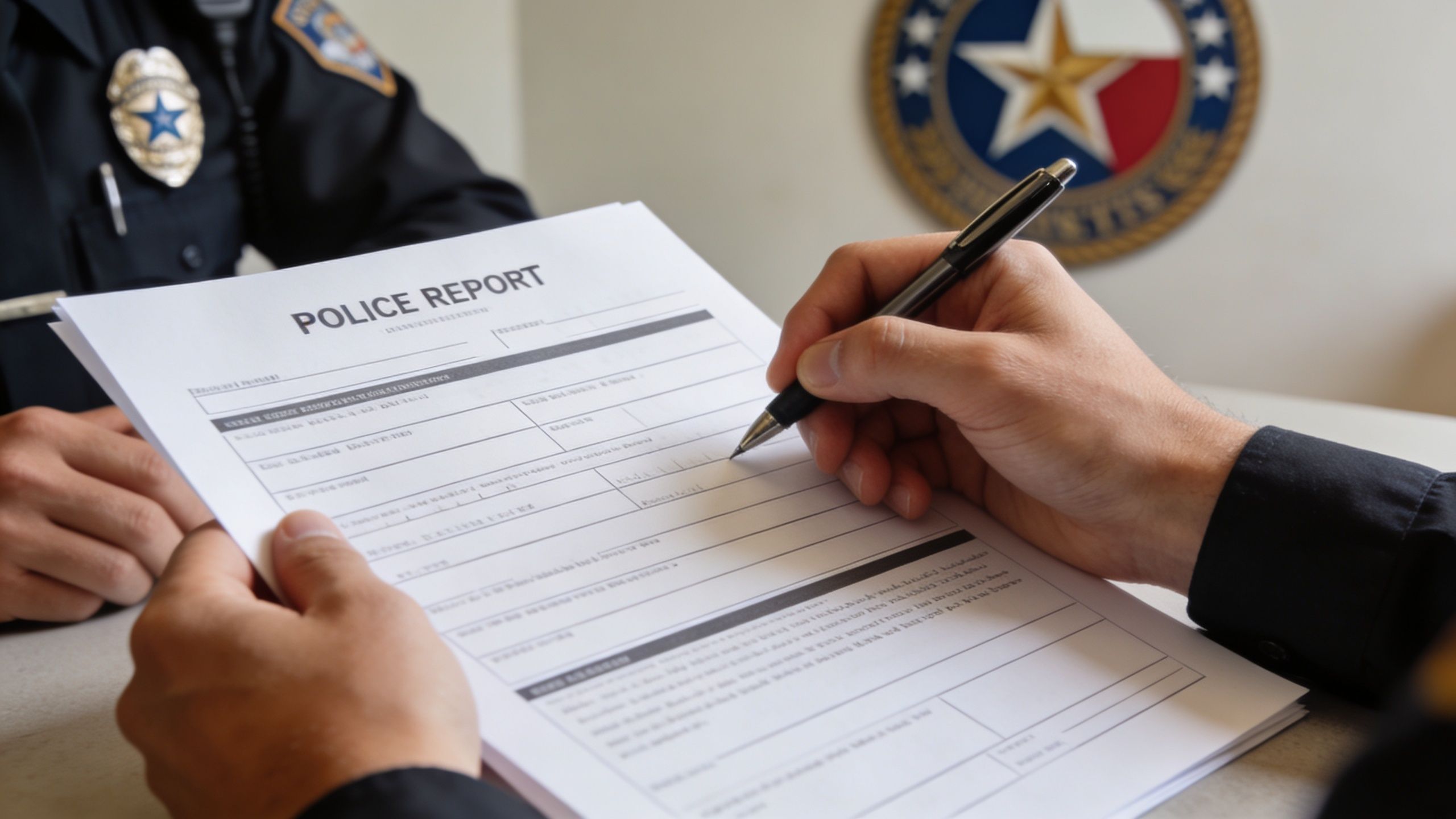 A police officer fills out a formal police report document during an official investigative interview session.