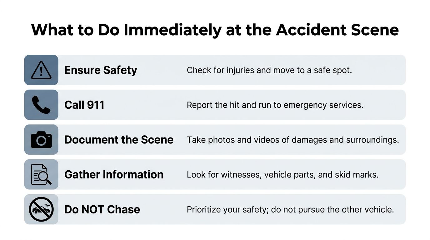 An infographic titled What to Do Immediately at the Accident Scene featuring five safety steps.