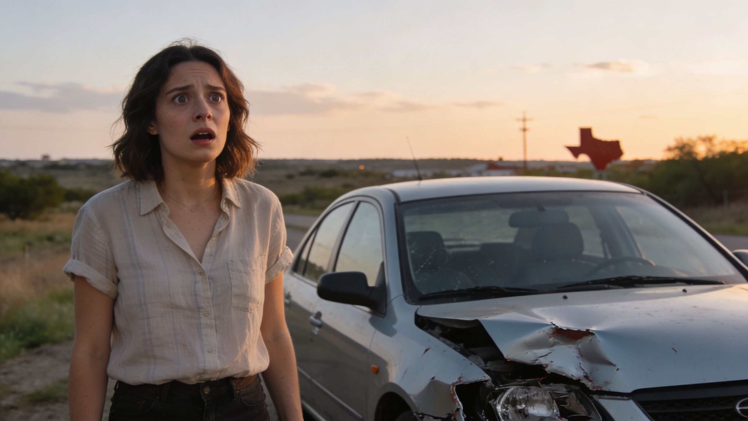 A woman looks visibly shocked while standing next to her heavily damaged car after a road accident.