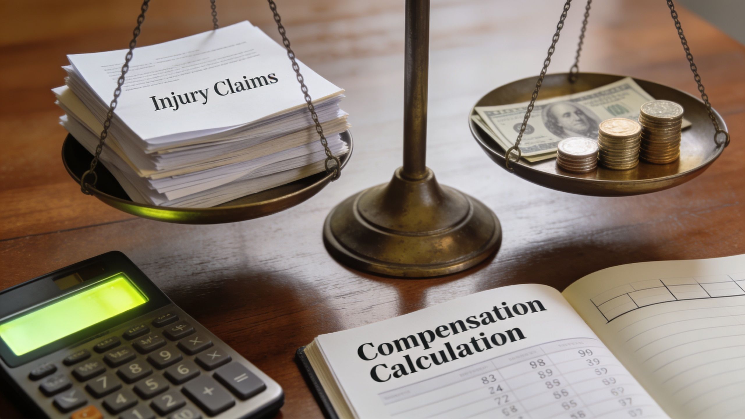A balance scale weighing a stack of legal papers labeled Injury Claims against money and coins.