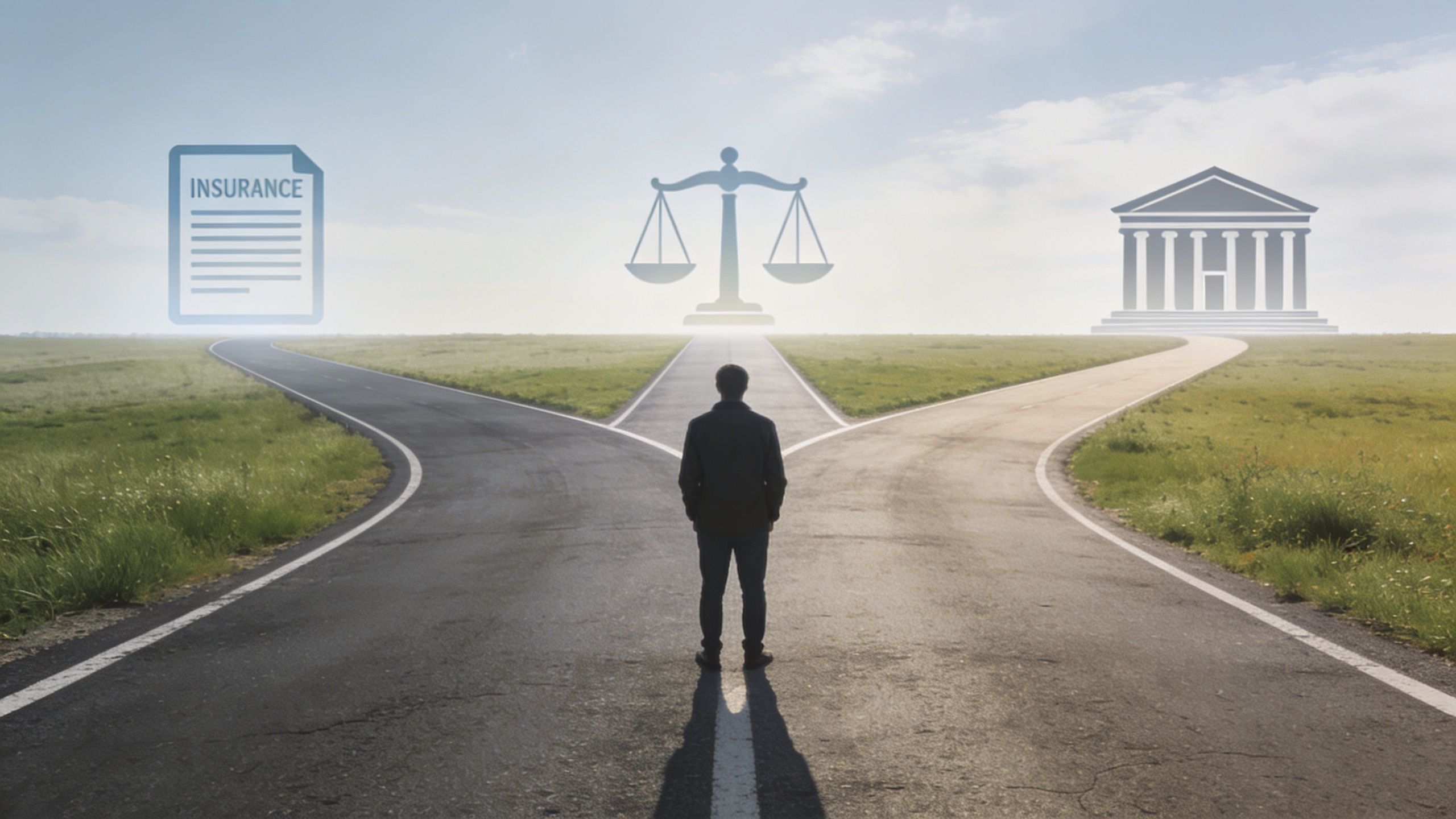 A person standing at a crossroads deciding between insurance, legal justice, or banking services.