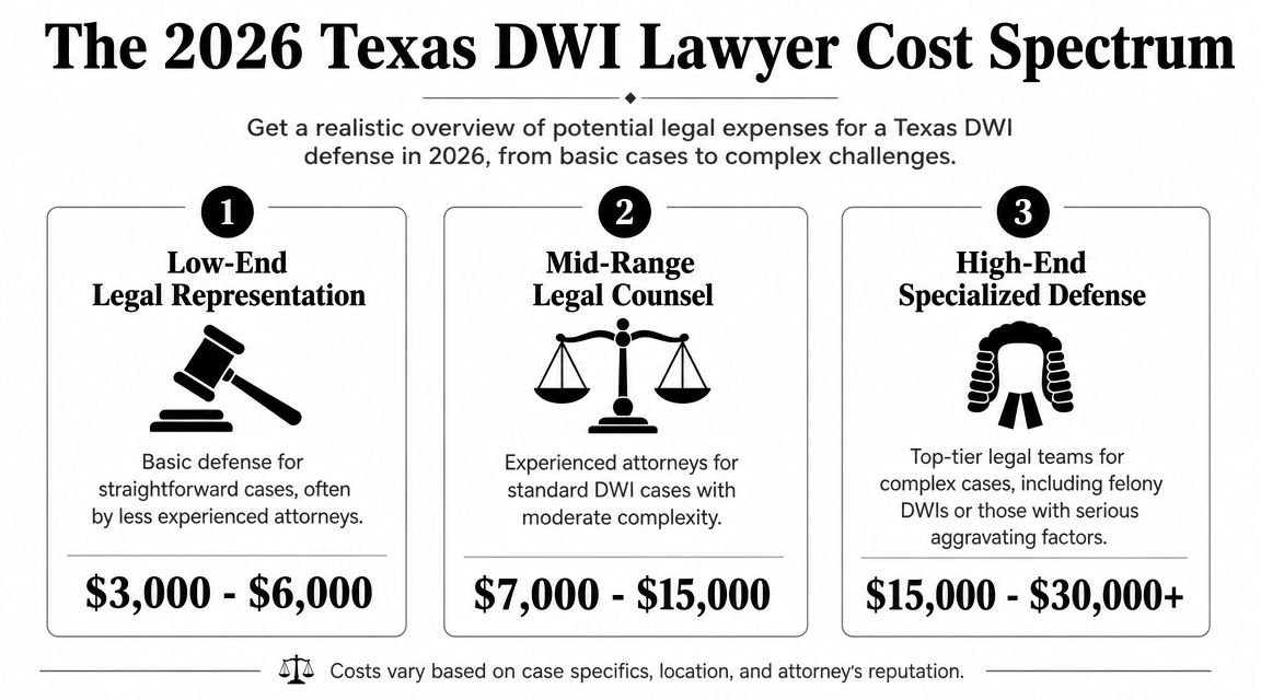 A chart showing the 2026 cost range for Texas DWI lawyers from low-end to high-end specialized defense.