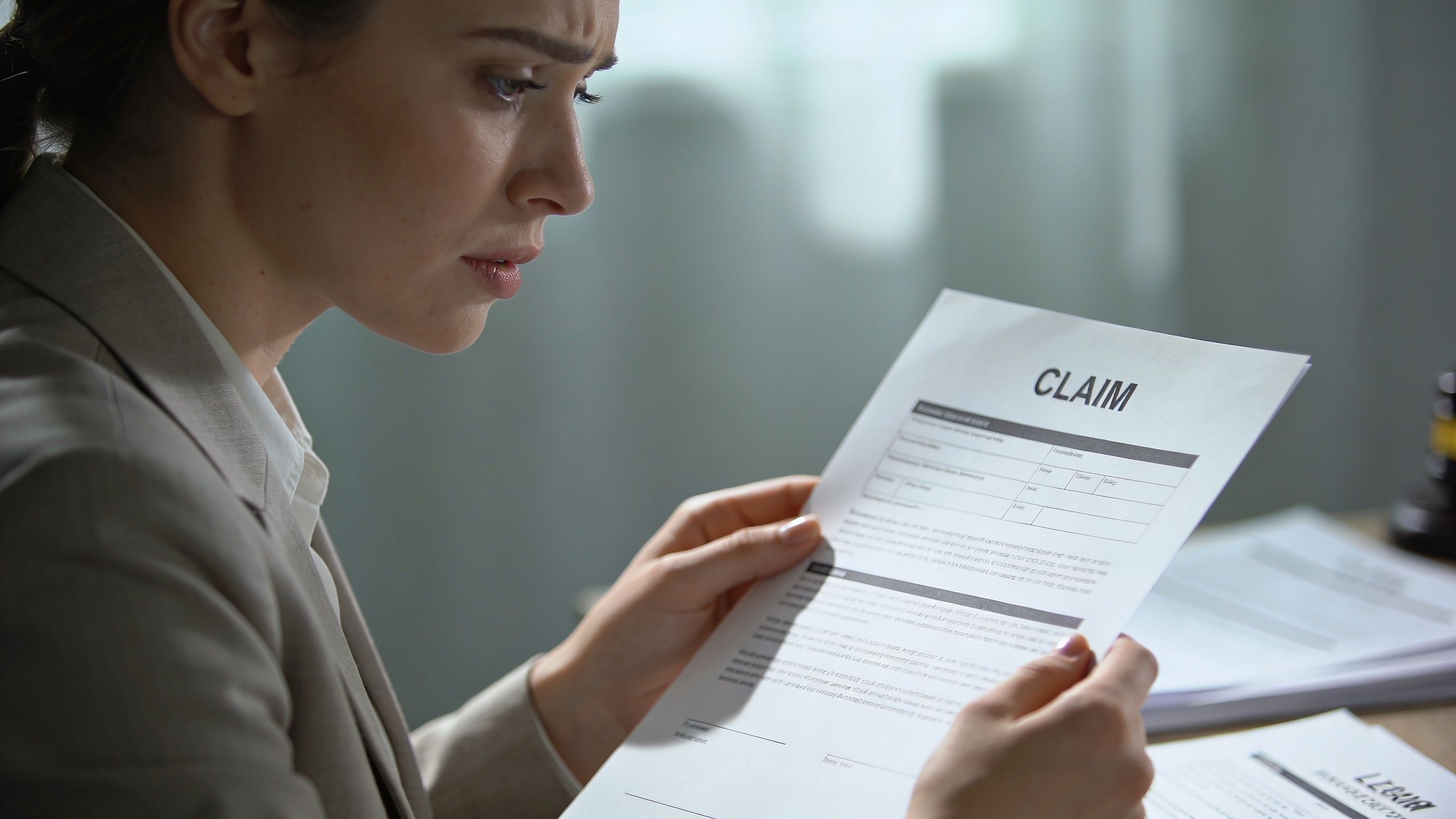 A concerned woman in a suit reviews a legal claim document in a professional office setting.