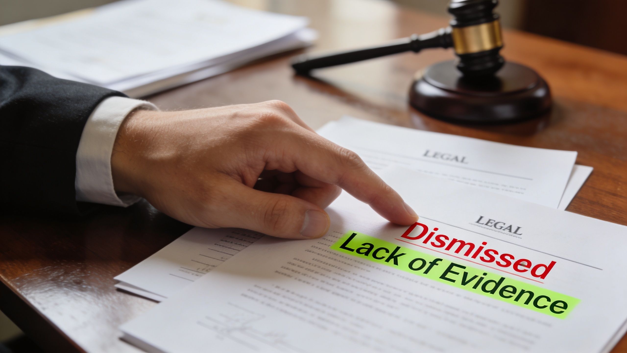 A hand pointing to a legal document with a stamp reading Dismissed due to lack of evidence.