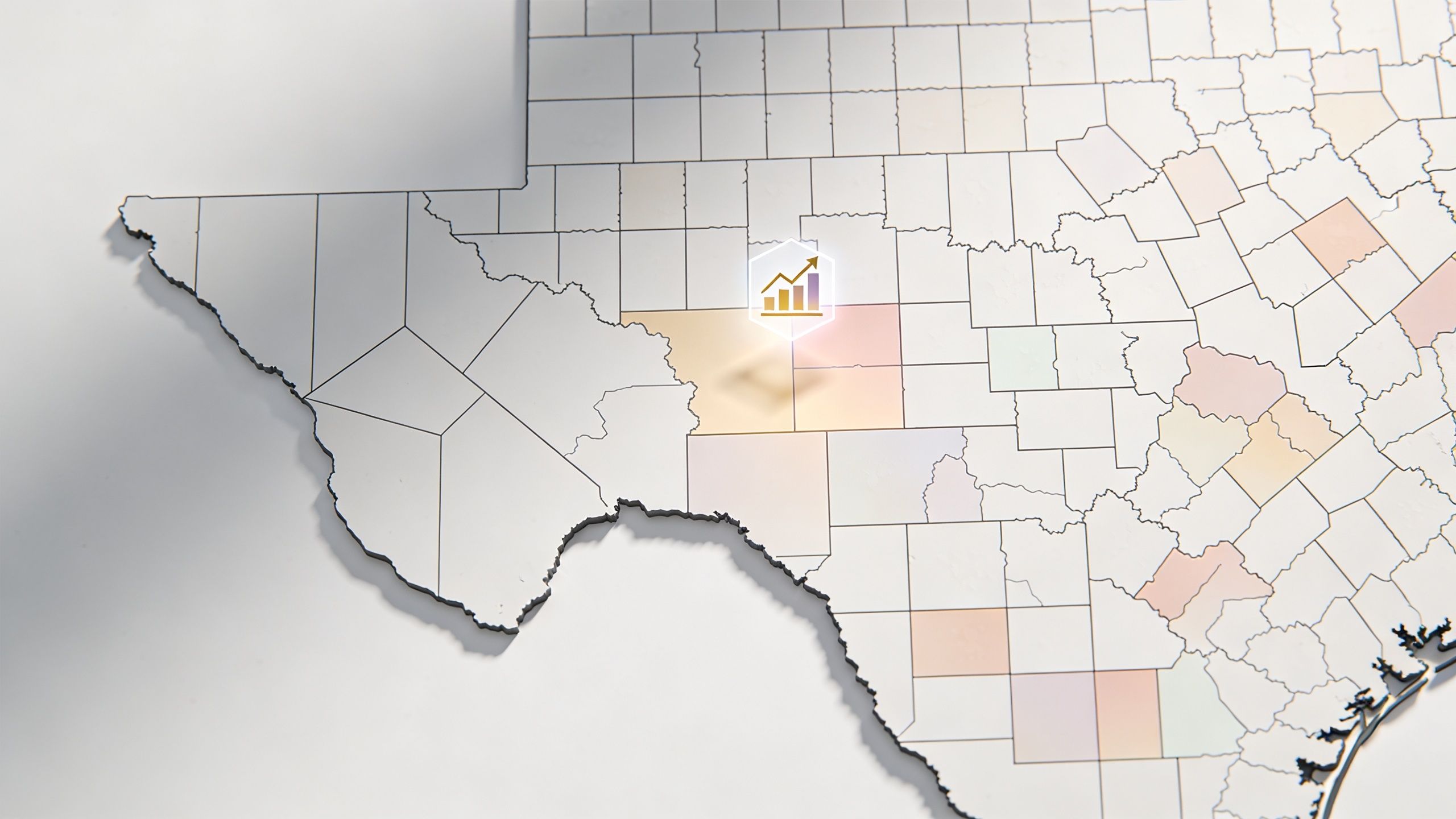 A 3D map of Texas counties with a data growth icon hovering over a specific region.