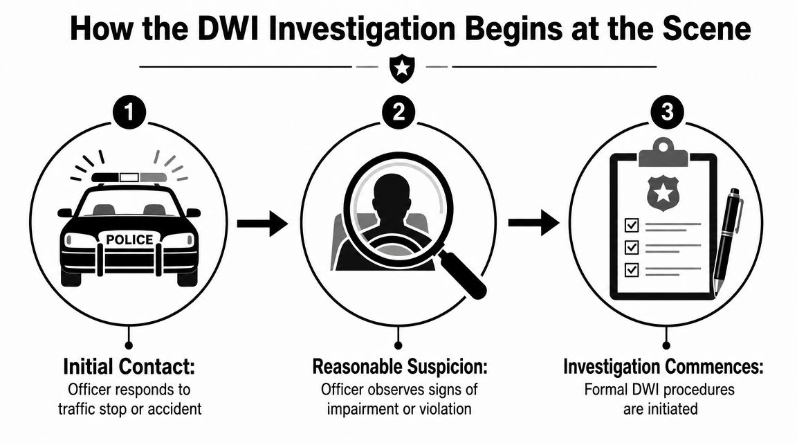 A three-step infographic showing how a police DWI investigation begins at the scene of an incident.