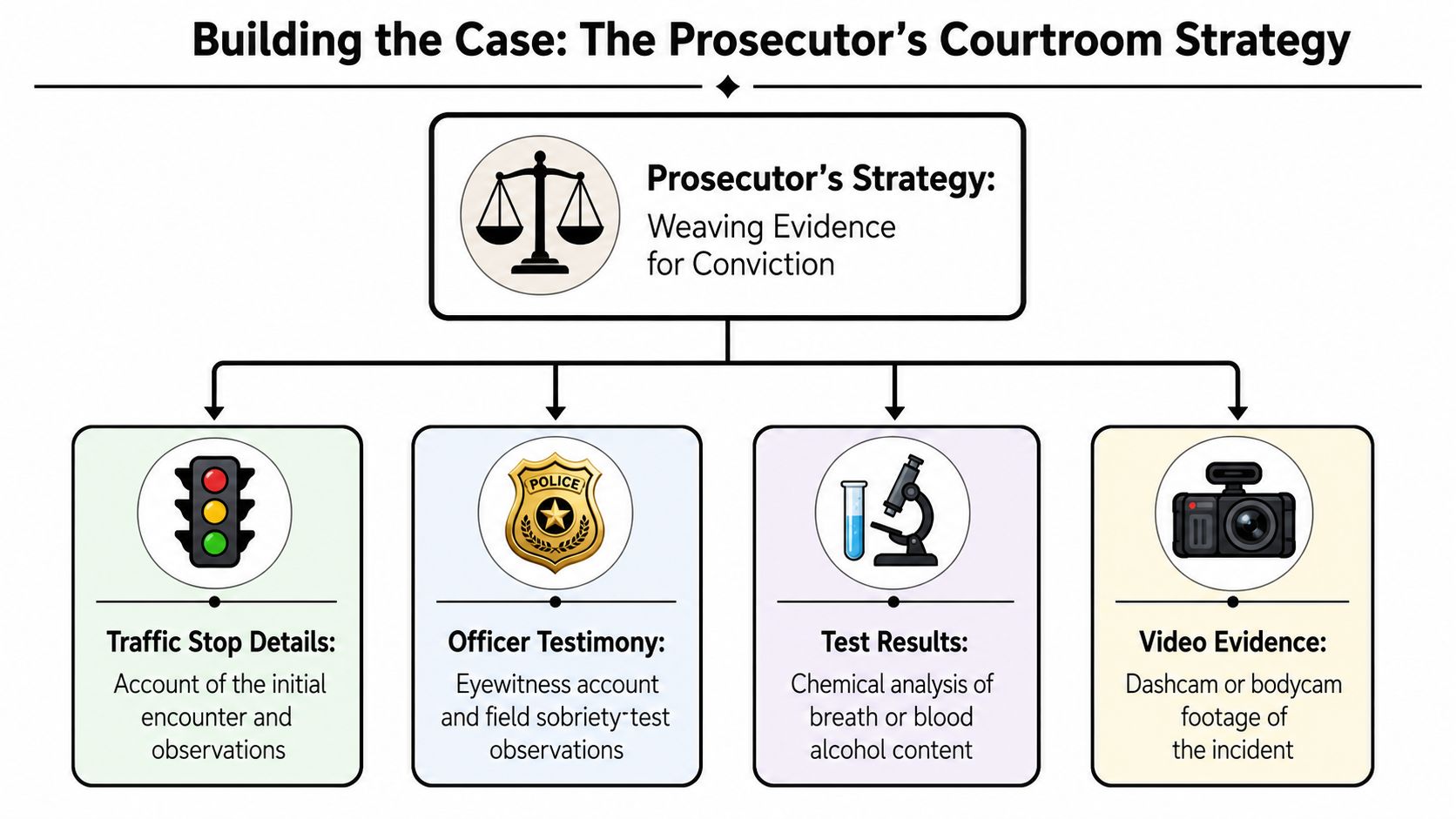 An infographic detailing the prosecutor's strategy for securing a DWI conviction through various types of evidence.