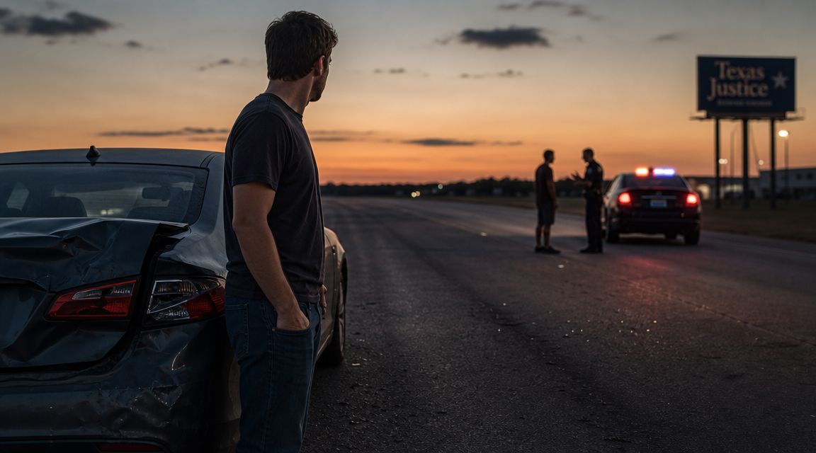 A man stands by his damaged car at sunset while a police officer talks to another driver.