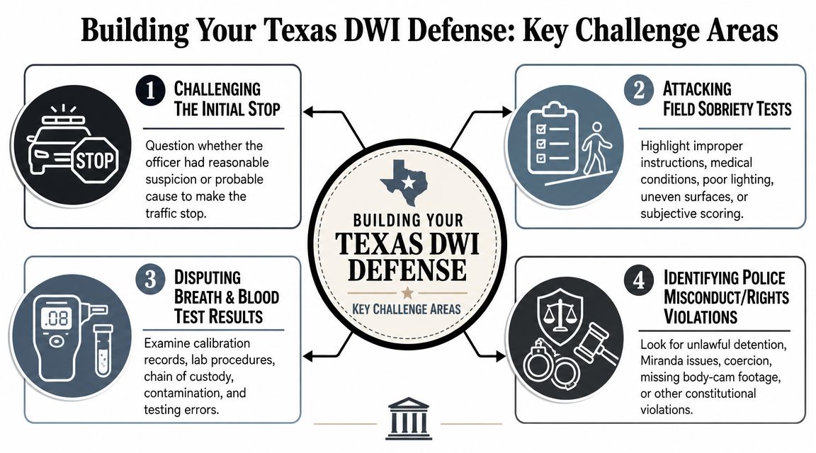An infographic outlining four key challenge areas for building a DWI defense strategy in Texas.