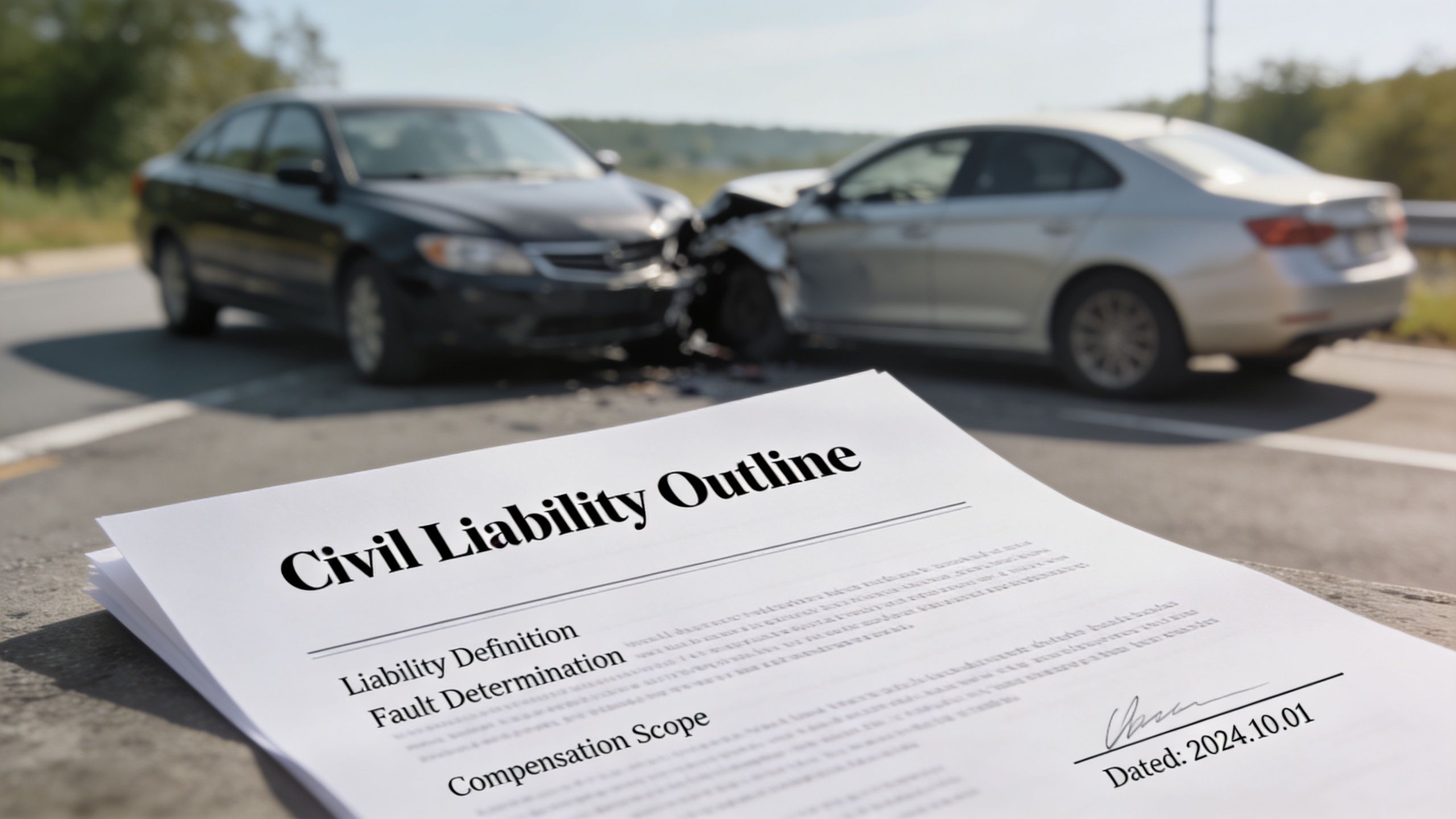 A document titled Civil Liability Outline with a blurry car accident in the background on a road.