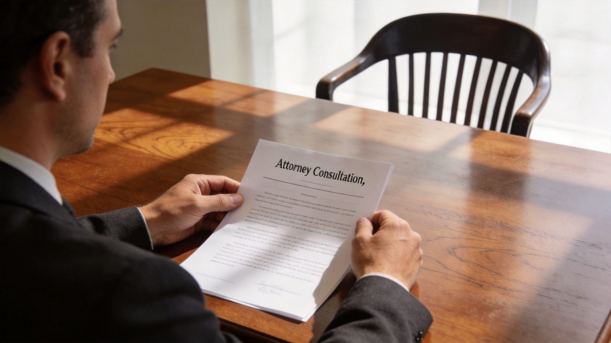 A professional man in a suit holding an attorney consultation document at a wooden table.
