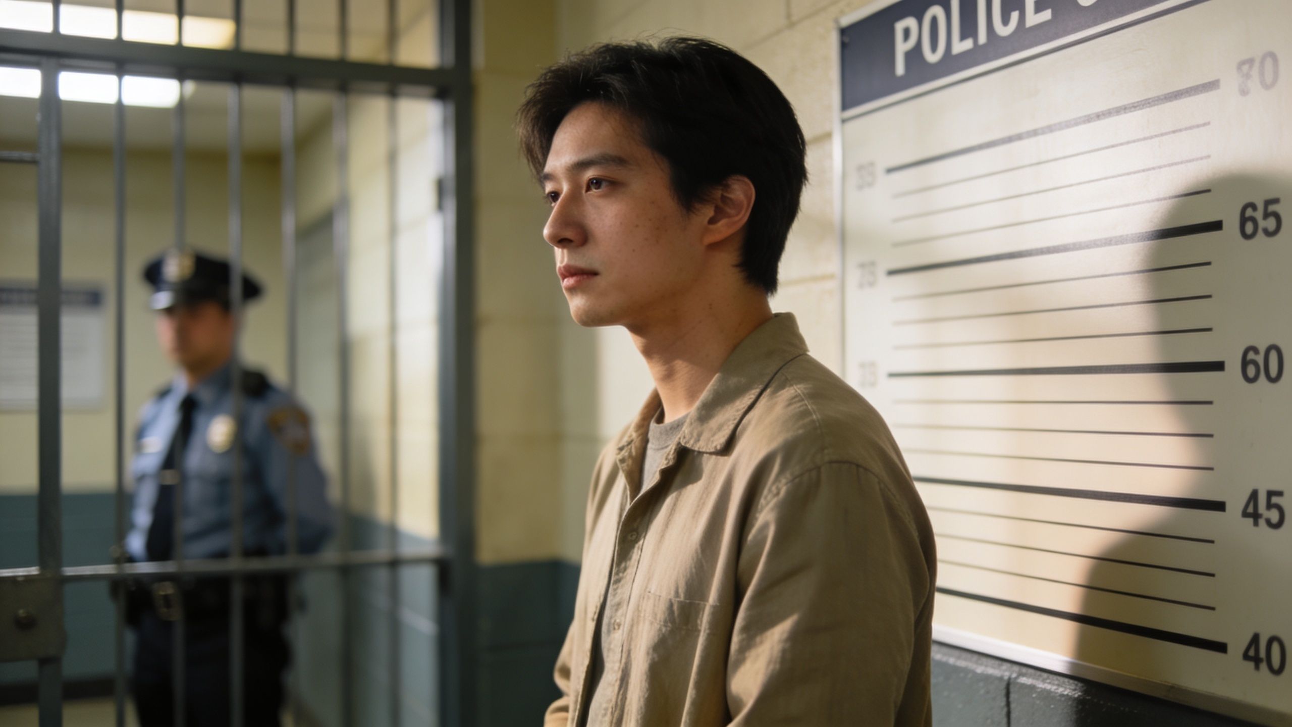A young man standing in a police station in front of a mugshot height chart background.