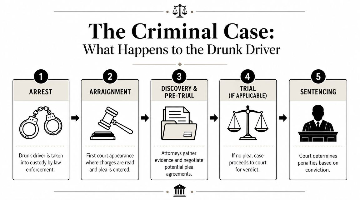 An infographic illustrating the five steps of a criminal court process for a drunk driving case.
