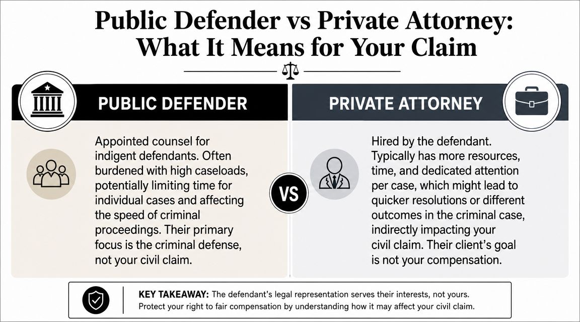 A comparison chart outlining the differences between public defenders and private attorneys regarding criminal case representation.