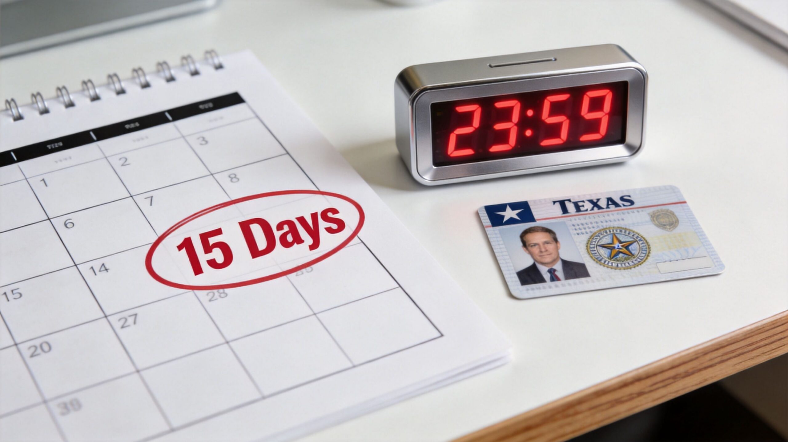 A calendar showing fifteen days remaining, a digital clock, and a Texas state identification card on a desk.