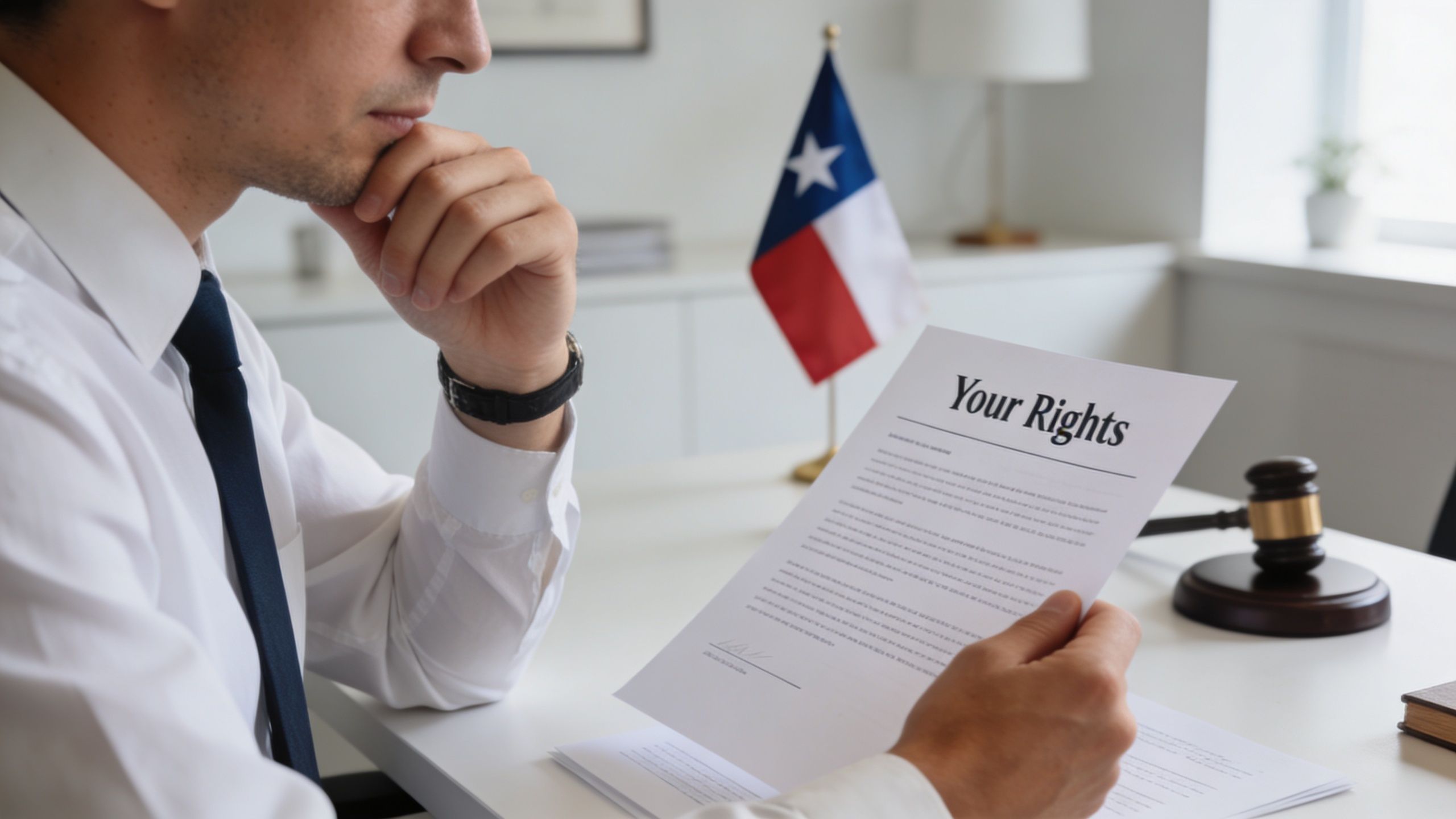 A professional man holding a document labeled Your Rights with a Texas state flag and gavel on his desk.