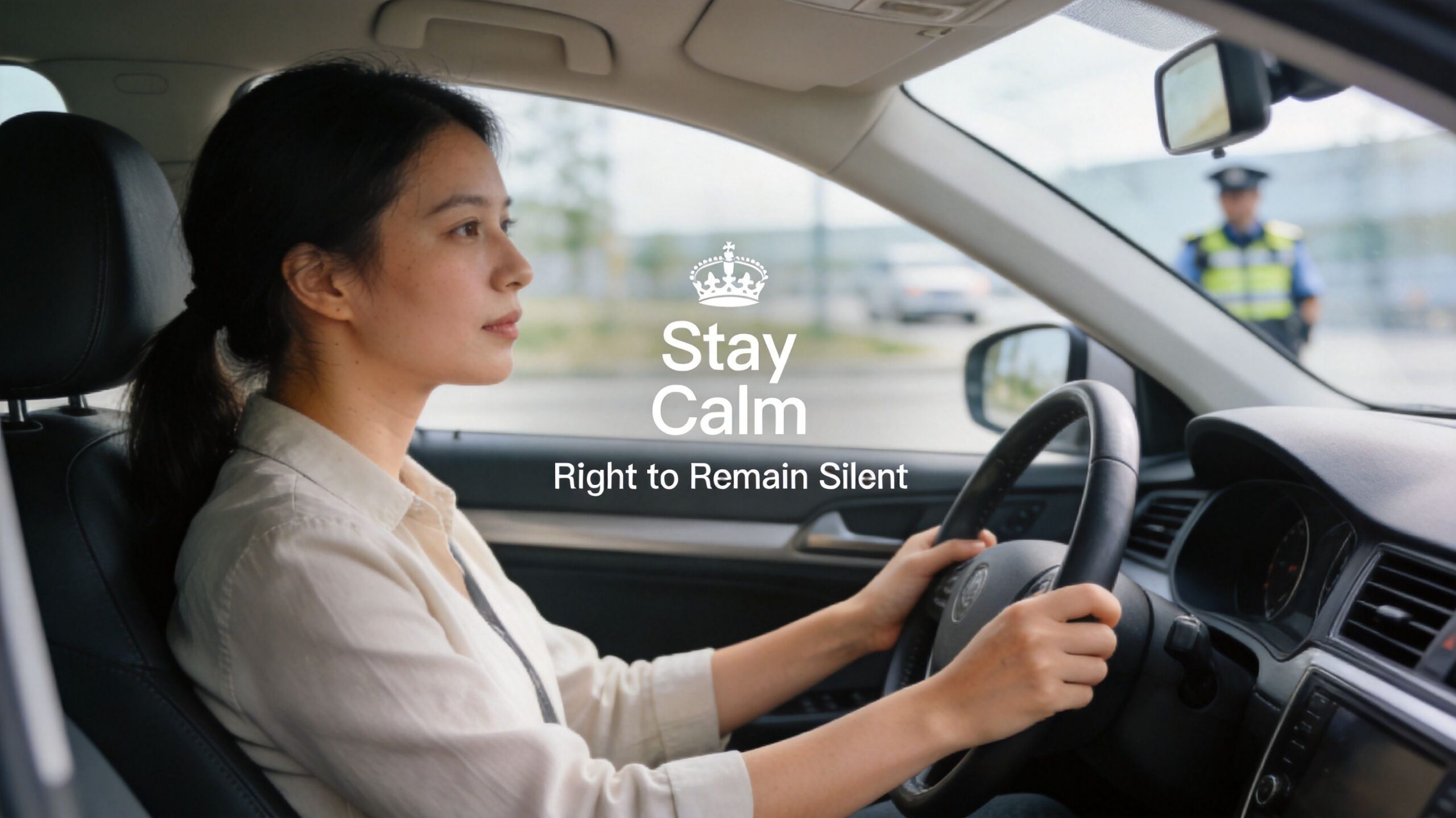 A woman driving a car calmly while a police officer stands in the background during a traffic stop.