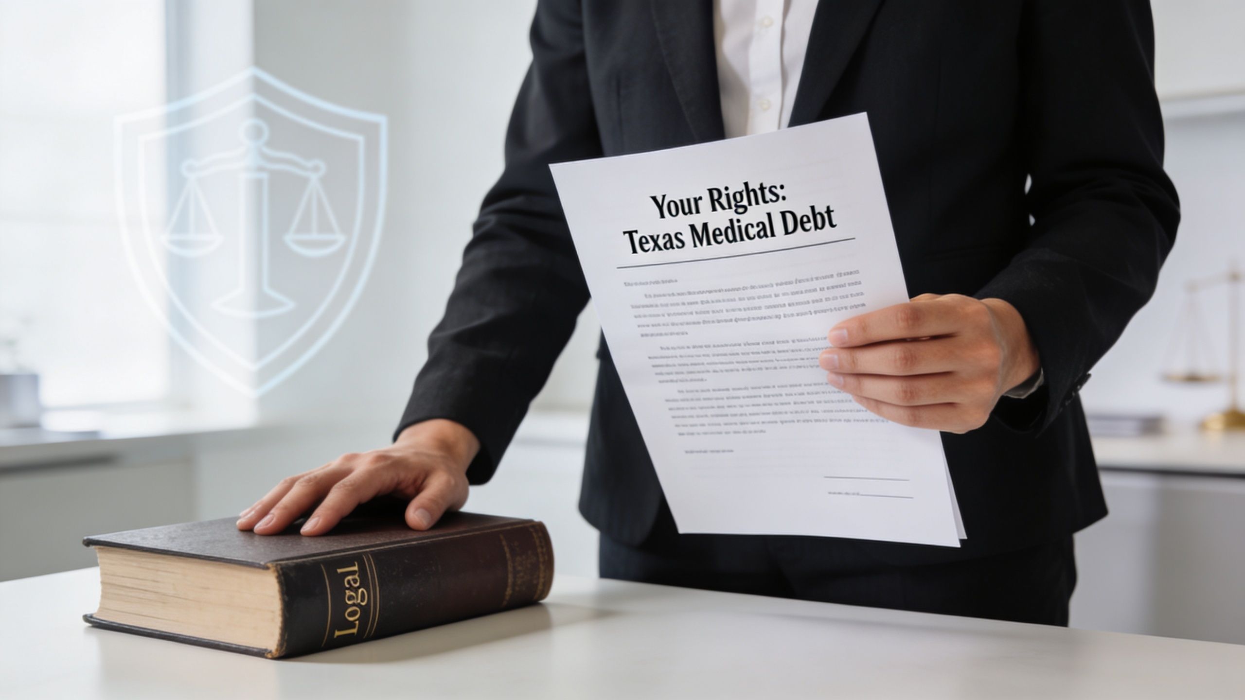 A professional in a suit holding a document about Texas medical debt laws while touching a book.