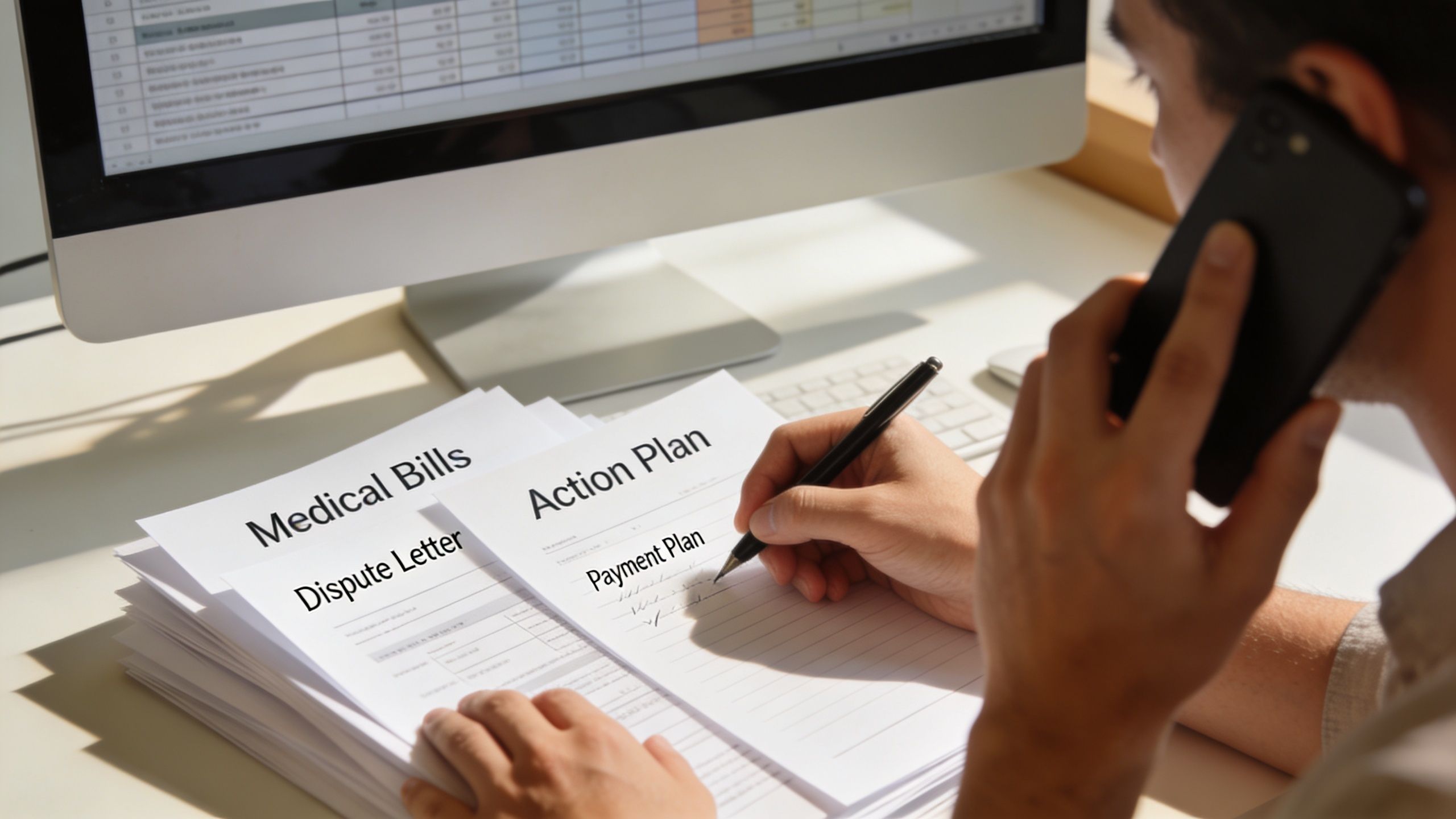 A person on a phone call reviewing medical bills and writing on an action plan document.