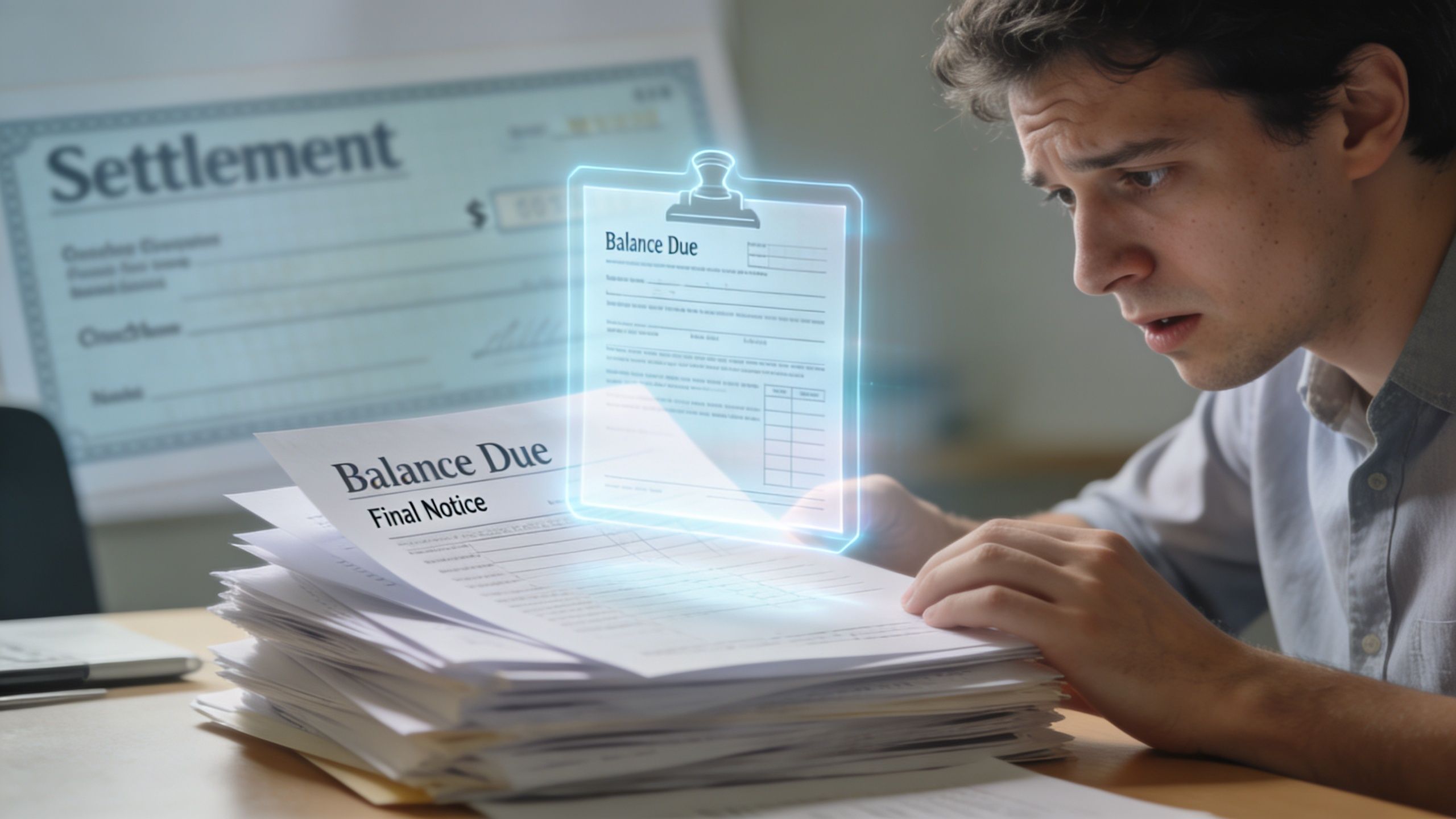 A worried young man looking stressed while reviewing a large stack of medical bills and documents.