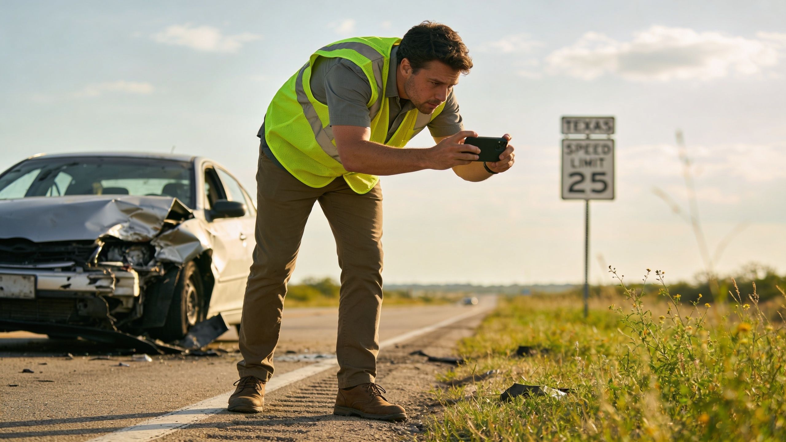 An insurance adjuster in a high-visibility vest taking photos of a wrecked car on the roadside.
