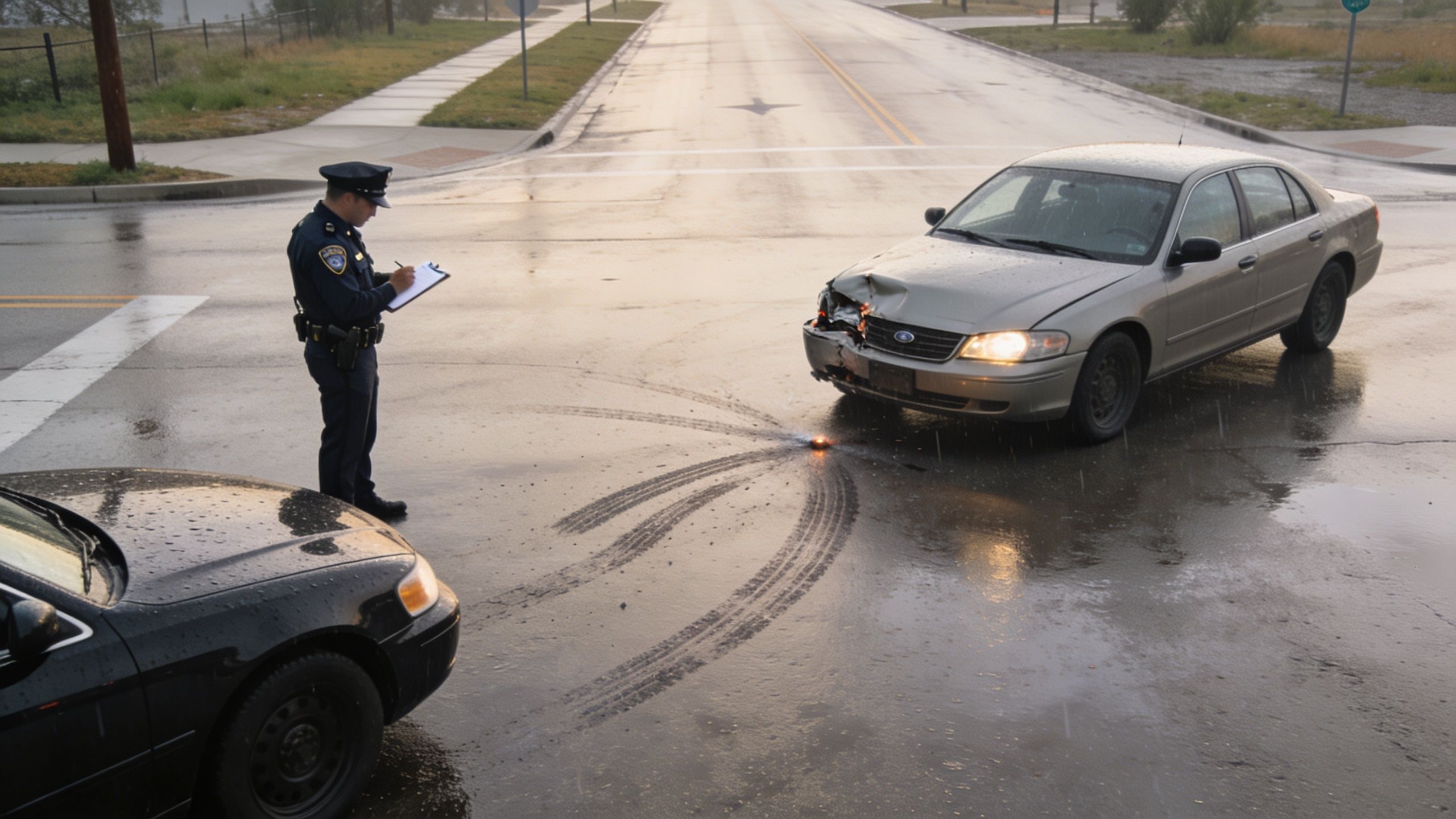 A police officer documenting a car accident involving two vehicles on a wet city street intersection.