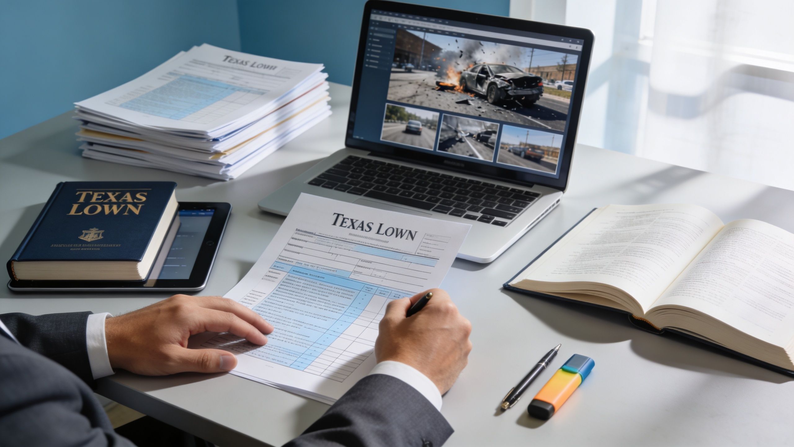 A professional analyzing legal documents and reviewing crash scene photos on a laptop at a desk.