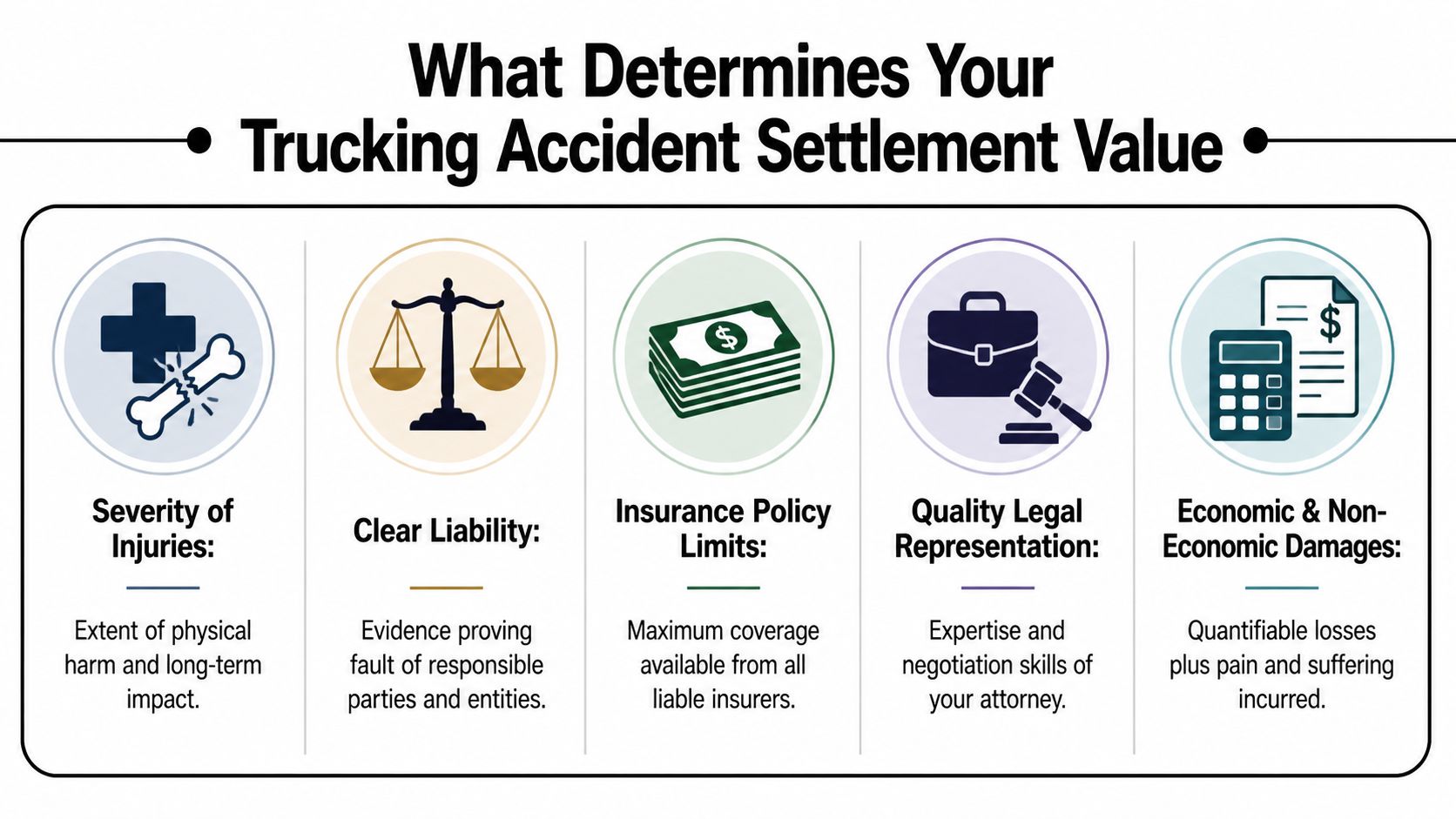 An infographic illustrating five key factors that influence the total financial settlement value of a trucking accident.