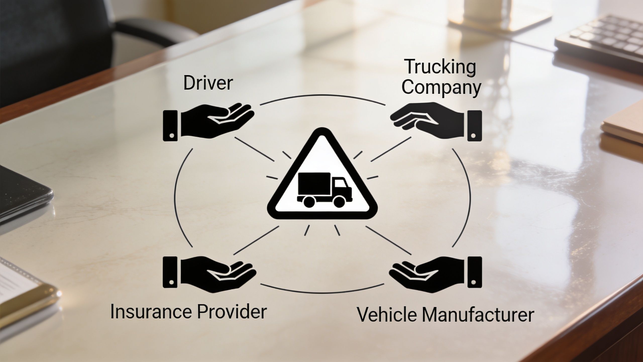 A conceptual diagram showing a truck icon surrounded by stakeholders: driver, trucking company, insurance provider, and vehicle manufacturer.