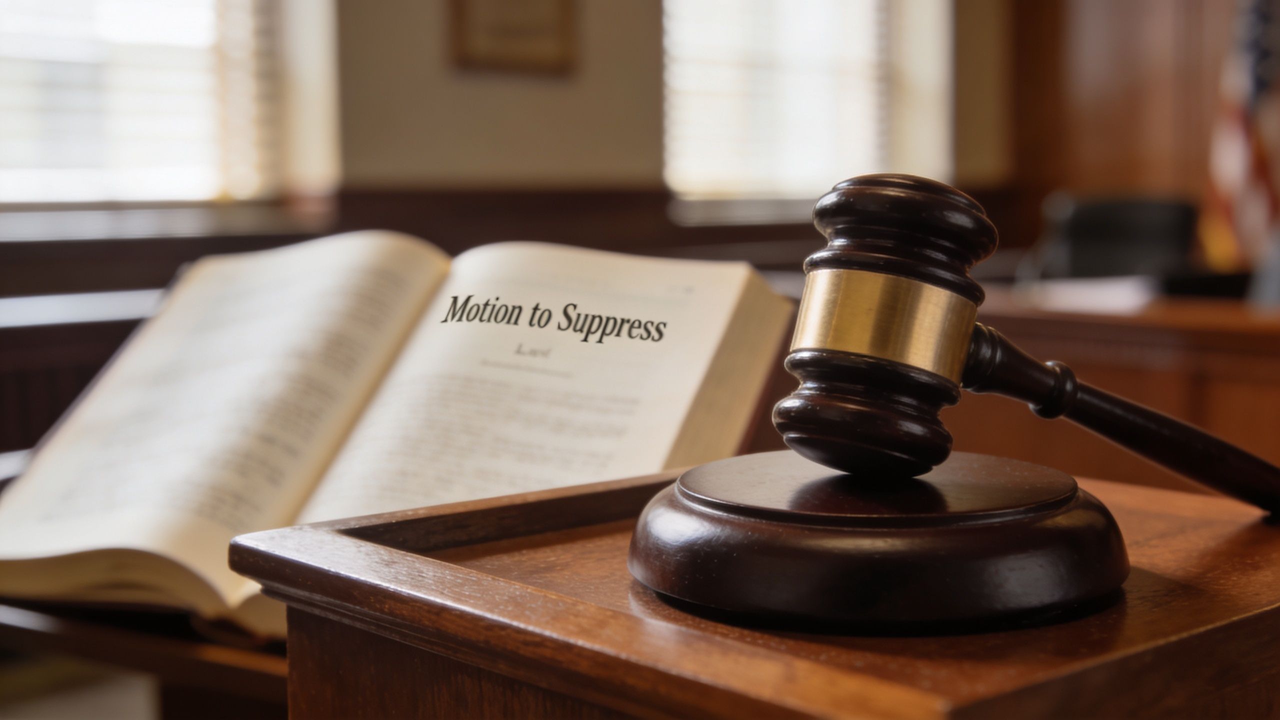 A wooden gavel resting on a sound block next to an open legal book in a courtroom.