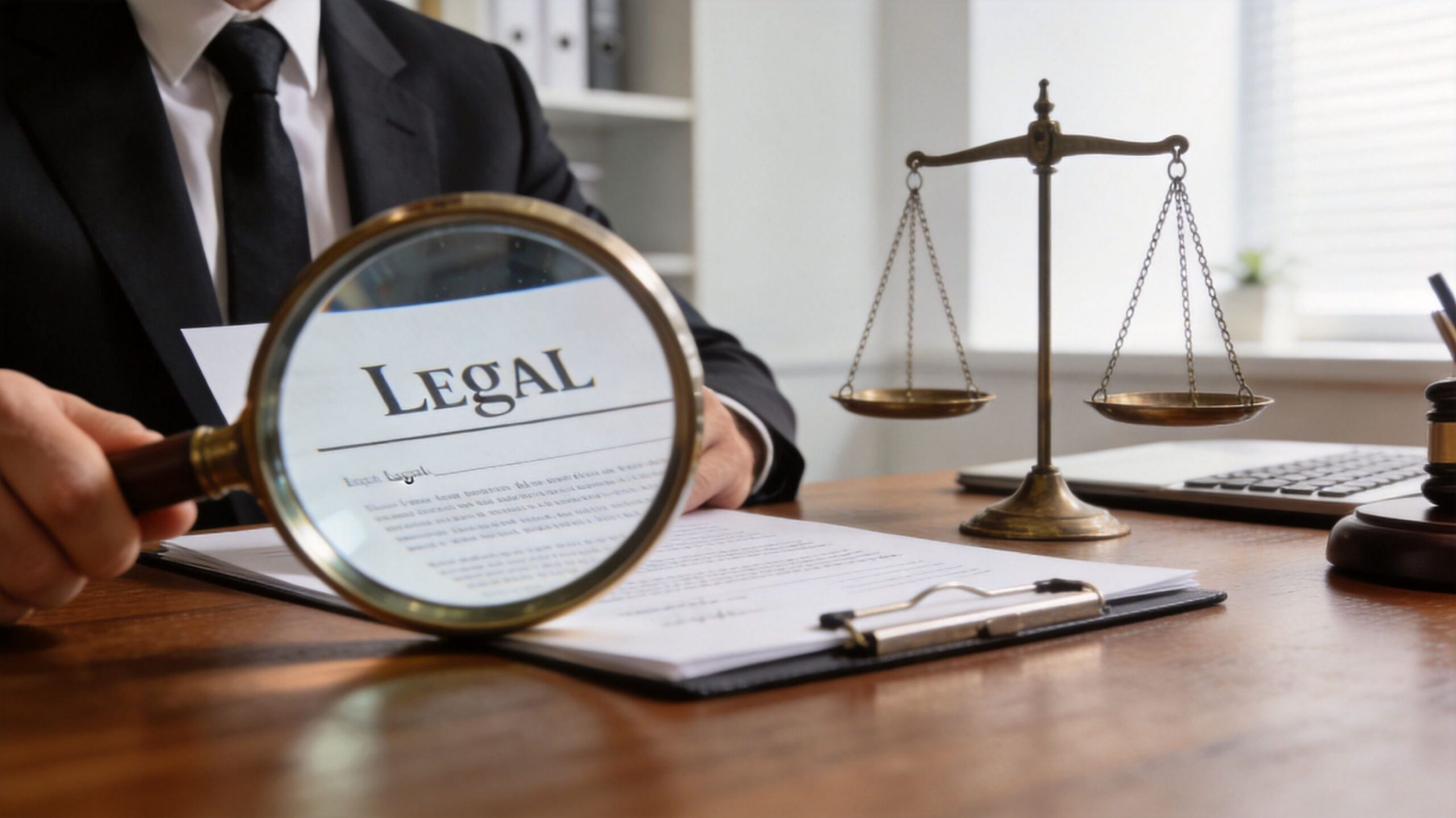 A professional lawyer using a magnifying glass to examine a legal document on a desk.