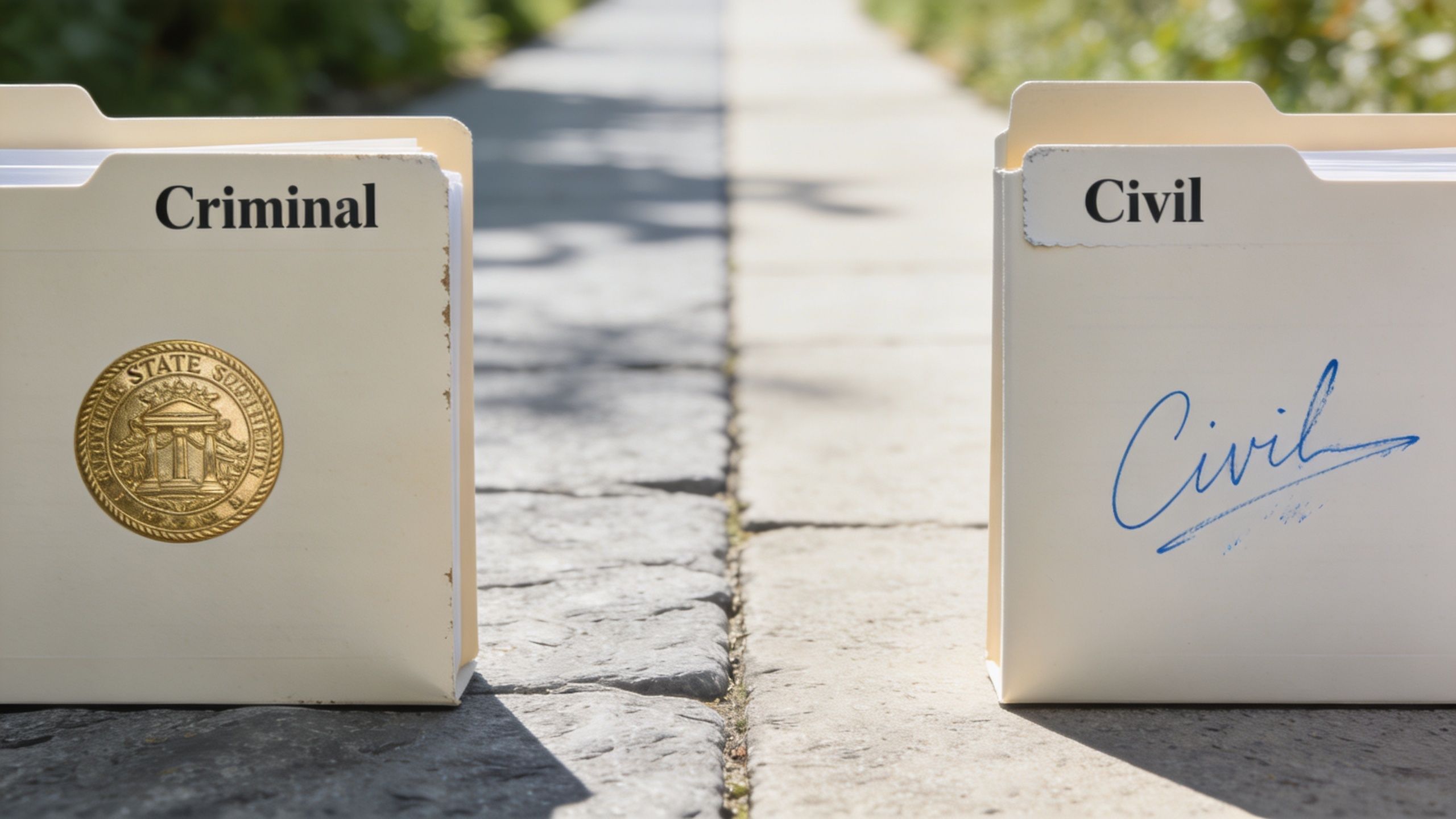 Two manila folders labeled Criminal and Civil placed side by side on a stone walkway outdoors.